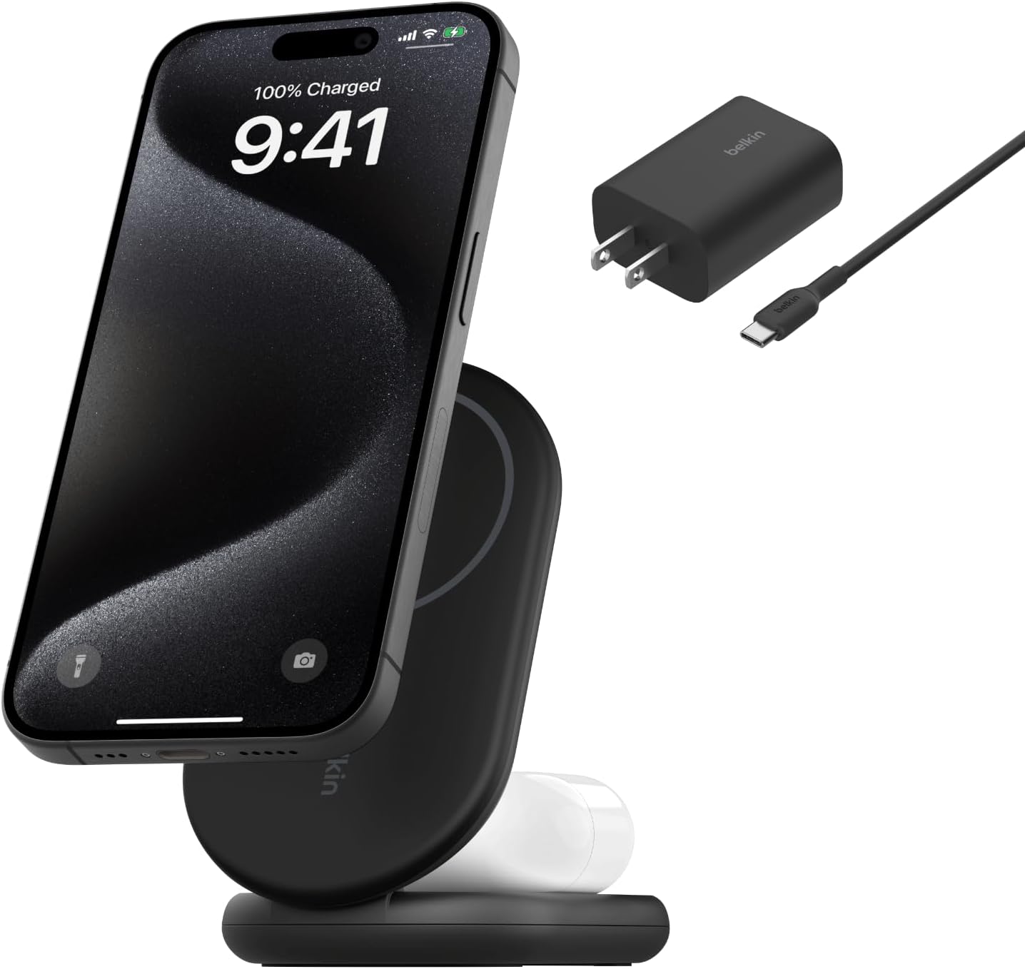 Belkin MagSafe-Compatible Charger, 2-in-1 Magnetic Foldable Charger 15W - Qi2-Certified Wireless Charging for Apple iPhone 16, Apple Watch, Samsung Galaxy S25 w/Non-Slip Base, PSU Included - Black
