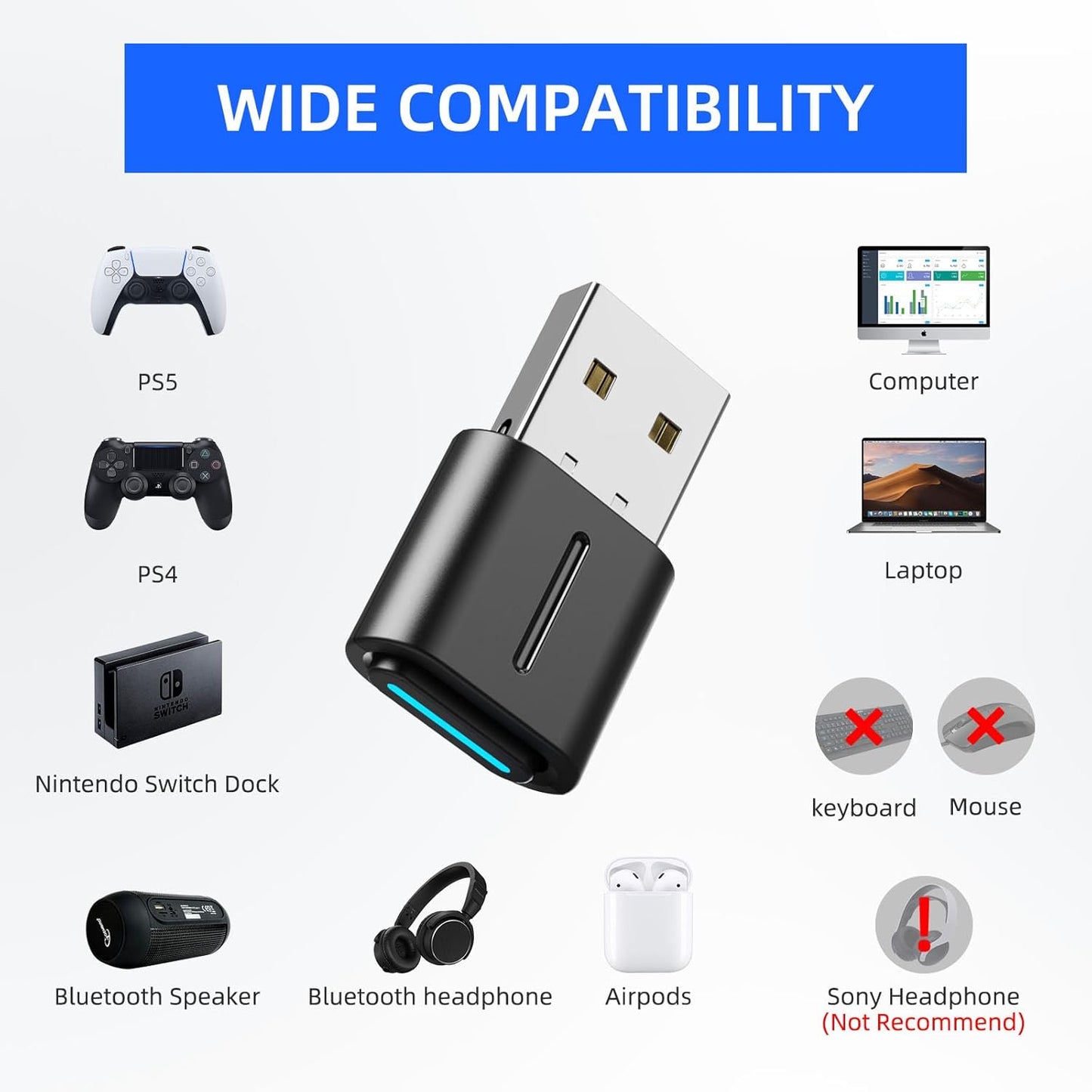 Smof USB Bluetooth Audio Adapter for PS5, PS4,Switch,Mac. Compatible Bone Conduction Headsets Wireless Audio Transmitter Dongle with aptX Low Latency Support, USB Bluetooth 5.2 Adapter