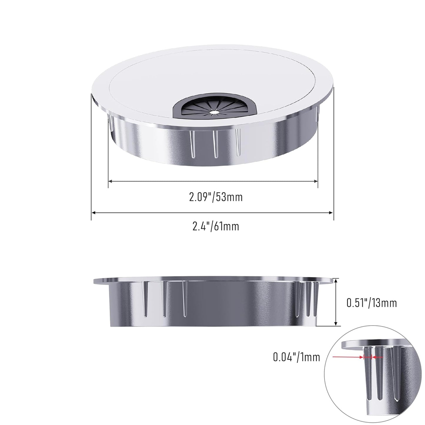 2 Pack Desk Grommet 2-1/8 Inch 53mm, Zinc Alloy Computer Desk Wire Hole Cover, Office Desktop Cord Cable Hole Metal Ring, Bright Silver