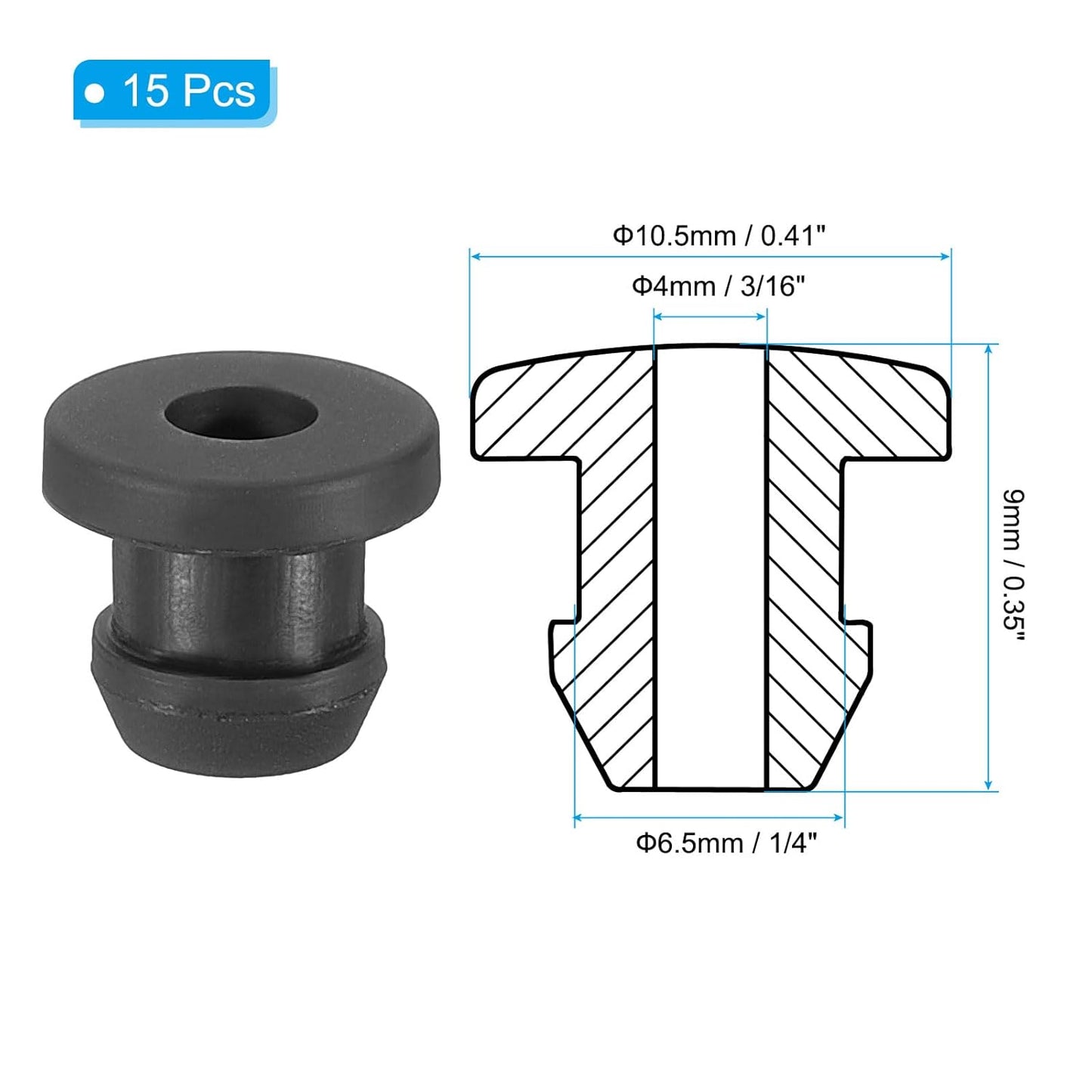 PATIKIL 6.5mm / 1/4 Inch Drill Hole,3/16 Inch ID Rubber Grommets, 15Pcs Top Hat Grommet for Wiring Eyelet Ring Gasket Automotive Firewall Cable Hole Plugs Wires Protection, Black