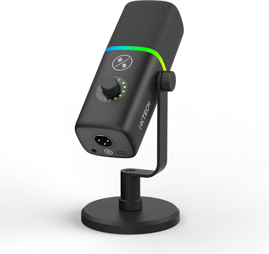 IXTECH Gaming USB Microphone for PC, Noise Cancellation Condenser Mic for Podcasts and Video Streaming with Tripod Stand, Pop Filter, Shock Mount, Gain Control, RGB Lights, Quiet Mute Button (Black)