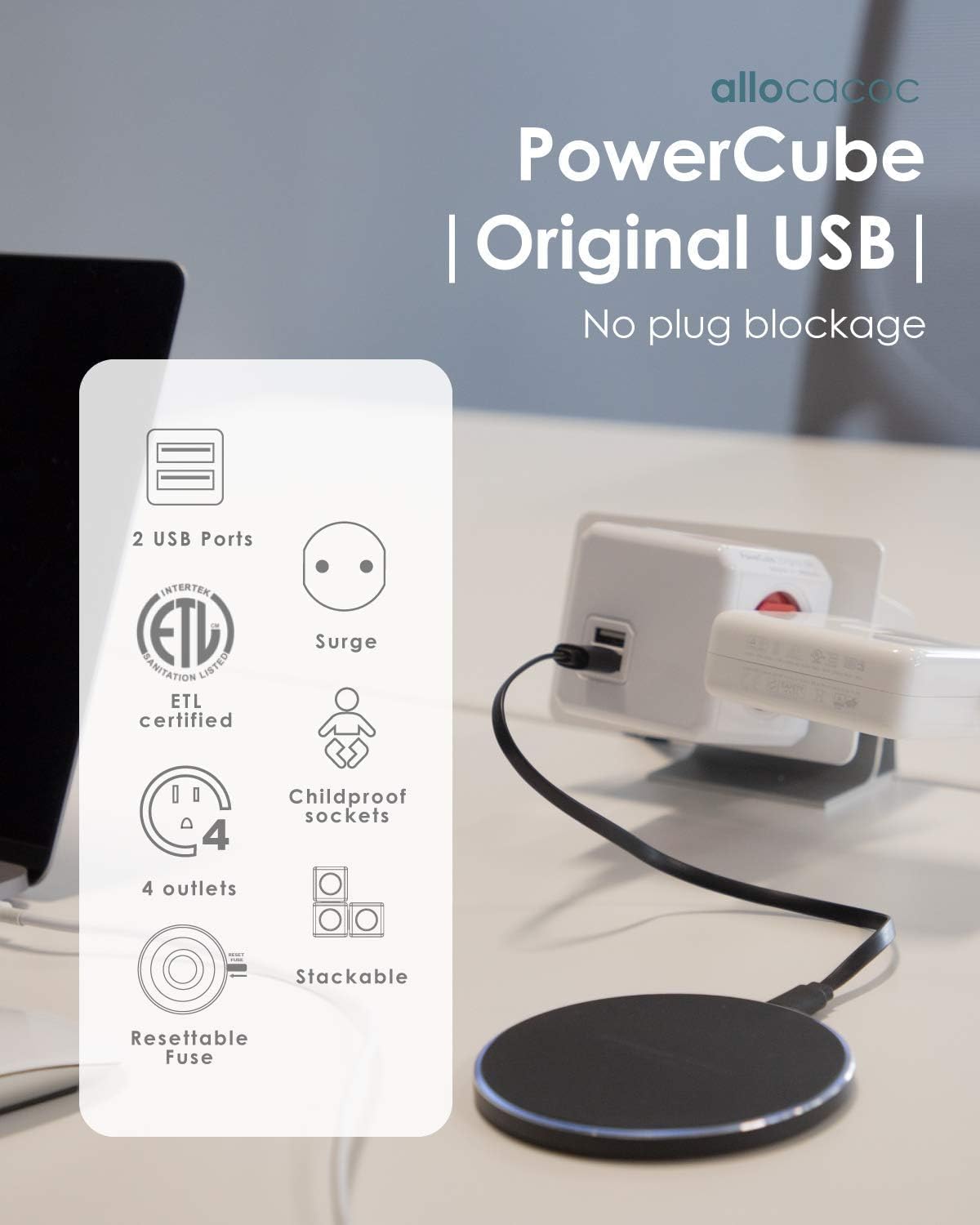 USB Wall Plug, Allocacoc PowerCube |Original|, 4 Outlets and 2 USB Ports, Cell Phone Charger, Power Adapter, Surge Protection, Compact for Travel, Home and Office, Space Saving, ETL Certified