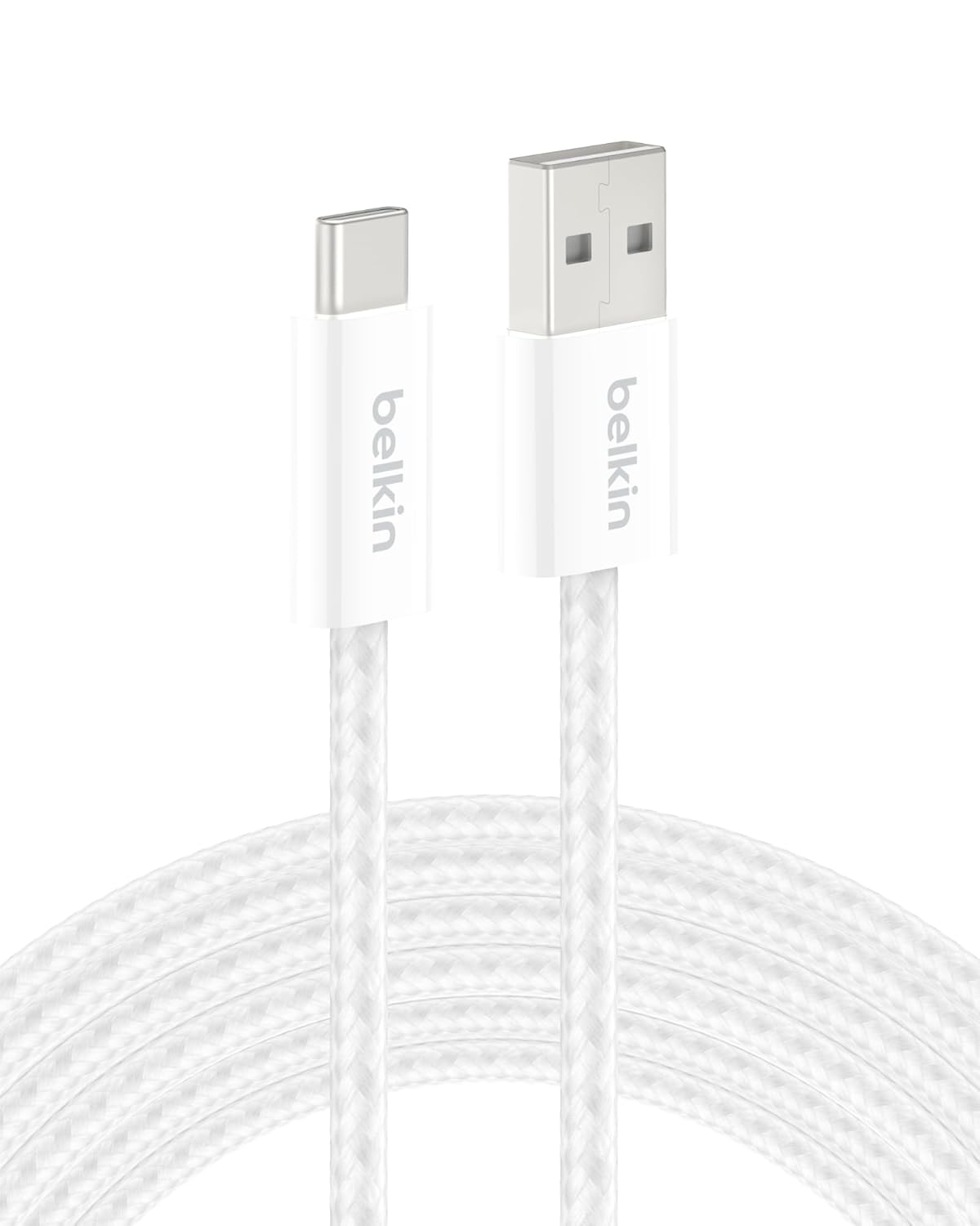Belkin USB A to USB C Cable, 9.9ft, 15W - Type C Charger, iPhone Charger Cord, Soft, Braided, Flexible for iPhone 16 & 15, Galaxy S25, Pixel 9, iPad Pro, Airpods Pro, Switch & More - White