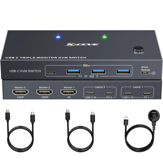 USB C KVM Switch 3 Monitors 2 Laptops 4K 1080P@60Hz,USB-C Docking Station Triple Monitor KVM Switches with 4 USB 3.2 Ports,10Gbps 80W PD Charging,For Windows and Mac OS,Driver Installation is Required