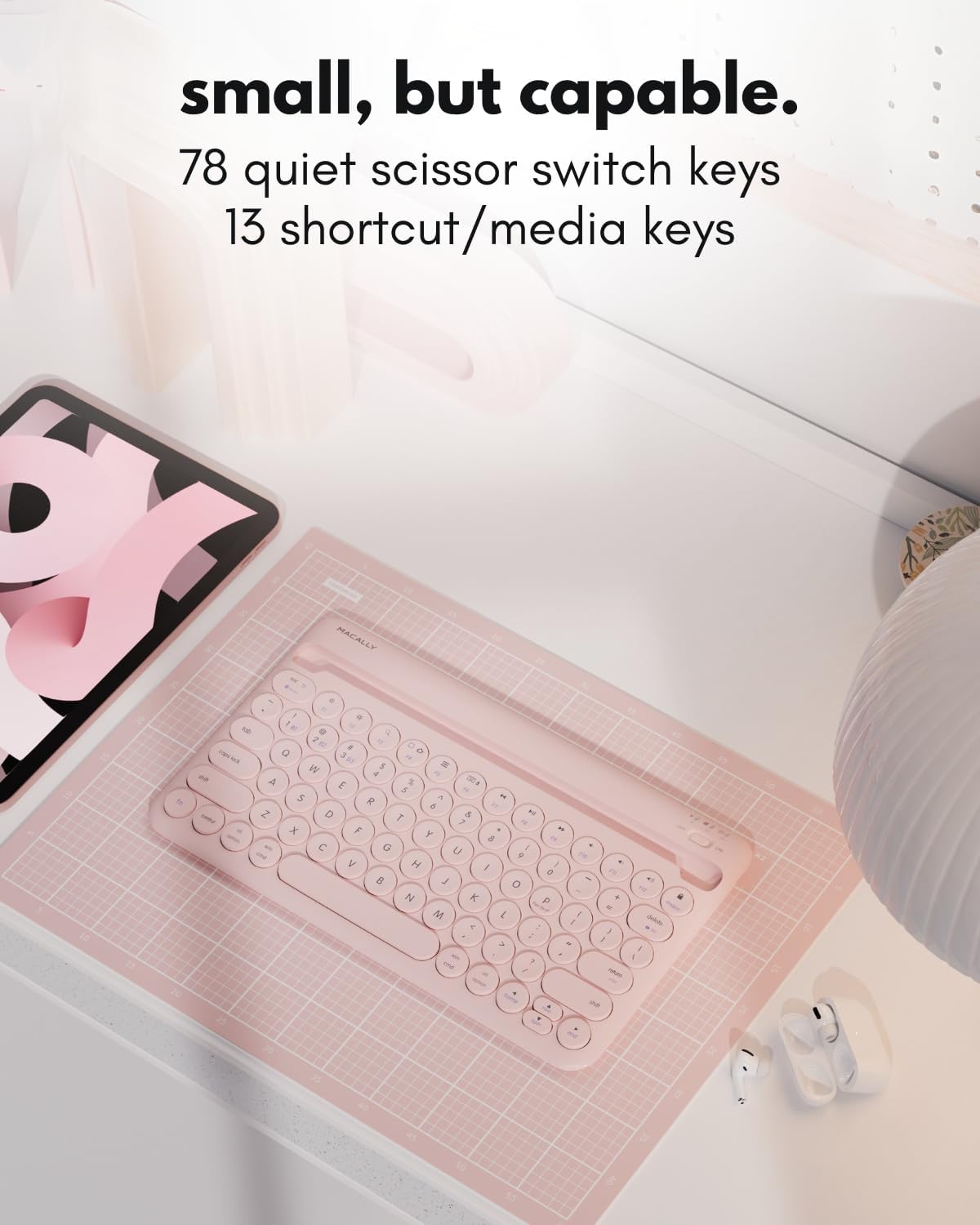 Macally Bluetooth Keyboard for Tablet | Wireless Keyboard for iPad mini/Air/Mini, iPhone (Multi-Device, Built-in Stand, Rechargeable) Easy to Use and Cute Portable