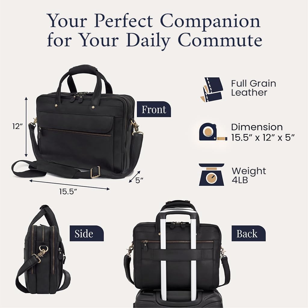 Luxorro Full Grain Leather Briefcase for Men, Top Choice Gifts for Men, Handcrafted Leather Laptop Bag with Multiple Compartments and Brass Hardware, Fits 15.6 Inch Laptop