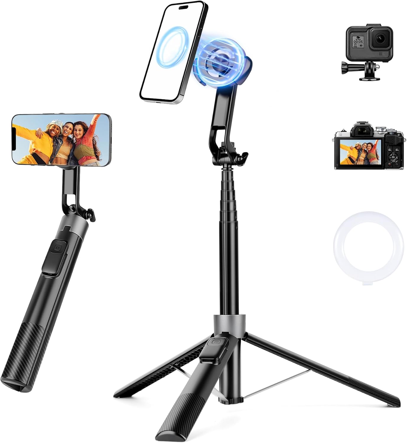 Magnetic Phone Tripod, 70" Selfie Stick Tripod for iPhone Magsafe with Rechargeable Remote & 2 in 1 Magnetic Holder, Portable Cellphone Stand for Recording Travel, Compatible with iPhone and Android