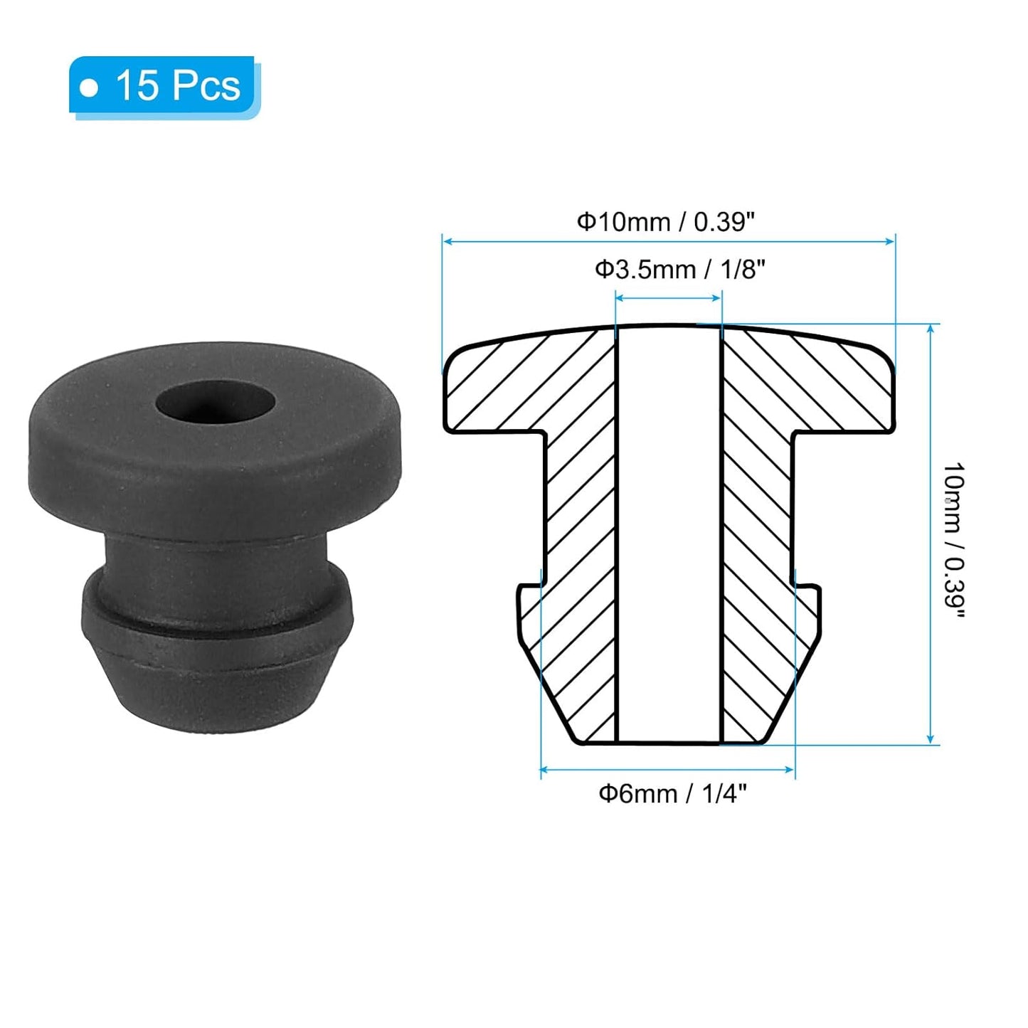 PATIKIL 6mm / 1/4 Inch Drill Hole,1/8 Inch ID Rubber Grommets, 15Pcs Top Hat Grommet for Wiring Eyelet Ring Gasket Automotive Firewall Cable Hole Plugs Wires Protection, Black