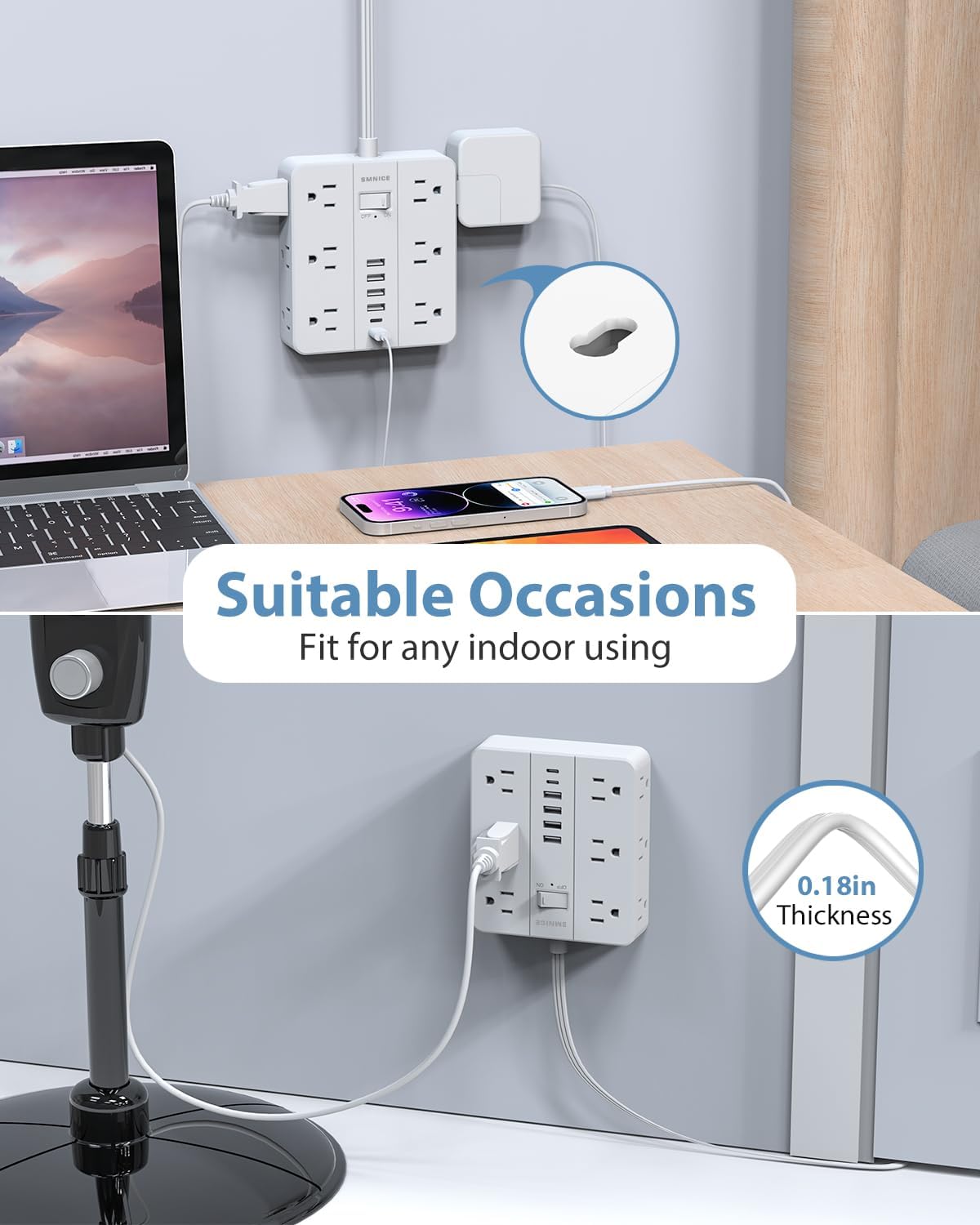 Power Strip Surge Protector 23ft Extension Cord,SMNICE Flat Plug with 12 Outlets 6 USB(2 USB C),Surge Protector Charging Station with Overload Protection for Home, Dorm,Office