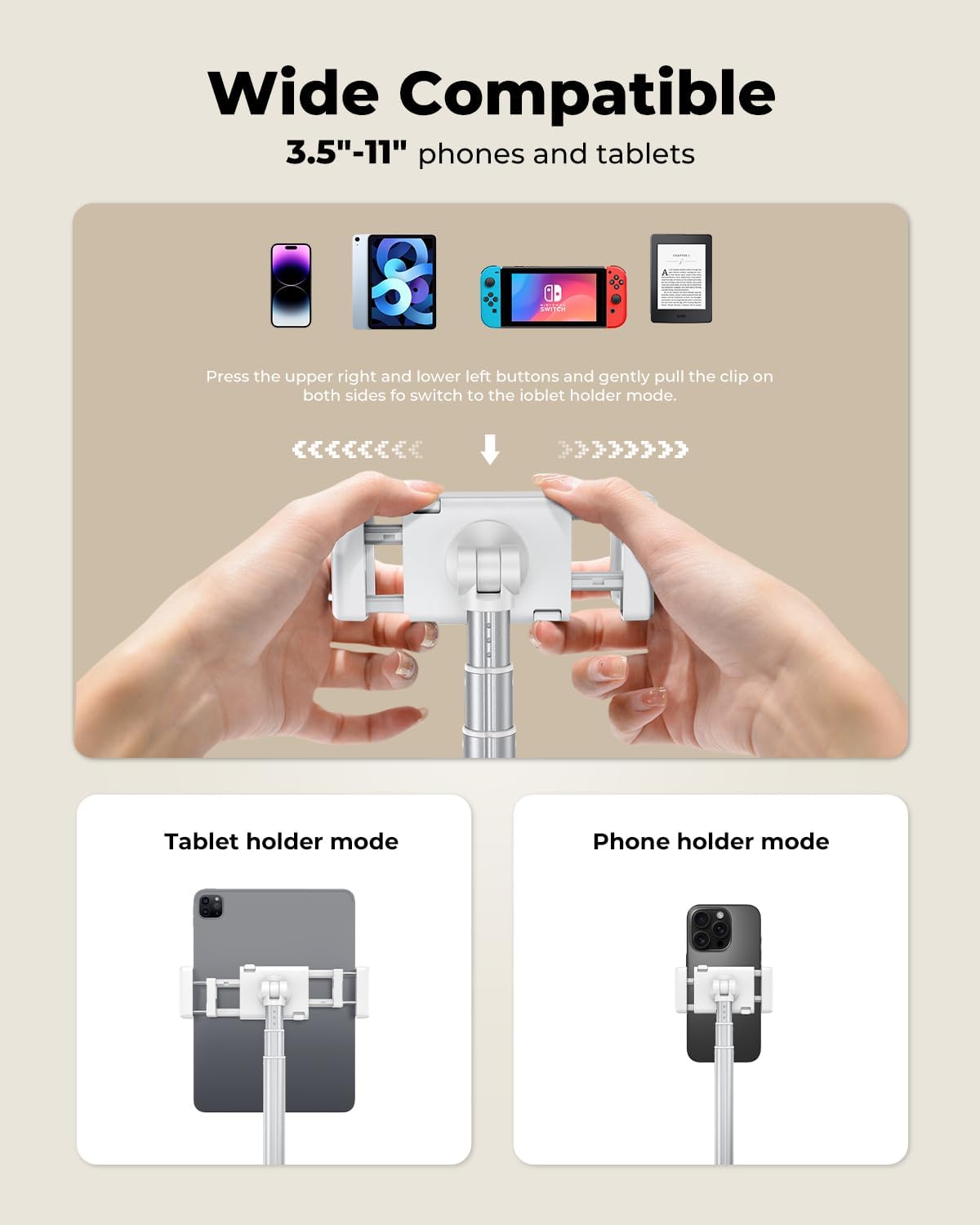 Extended Tablet Floor Stand, 360 Rotating Adjustable iPad Floor Holder with Long Flexible Arm, Compatible with 4-13" Devices, Stand for Bedside, Sofaside, Table, Desk (White)