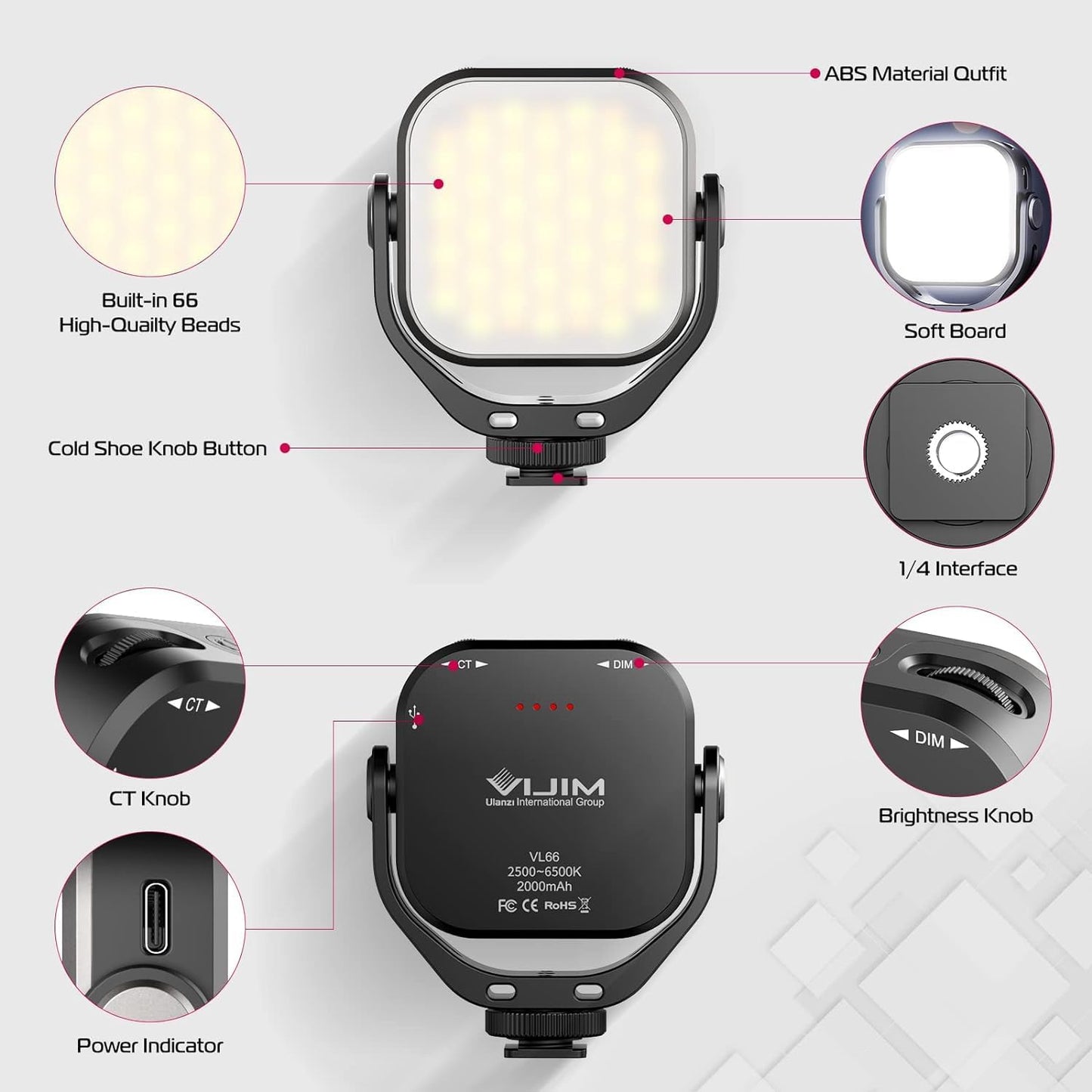 ULANZI VL66 Bi-Color Adjustable Rechargeable 2500-6500K - Mini Video Portable Light on Cam, 2000mAh CRI95+ Dimmable, Ultra Bright Photo & Video Lighting, LED Fill Lamp for DSLR Camcorder Action Camera