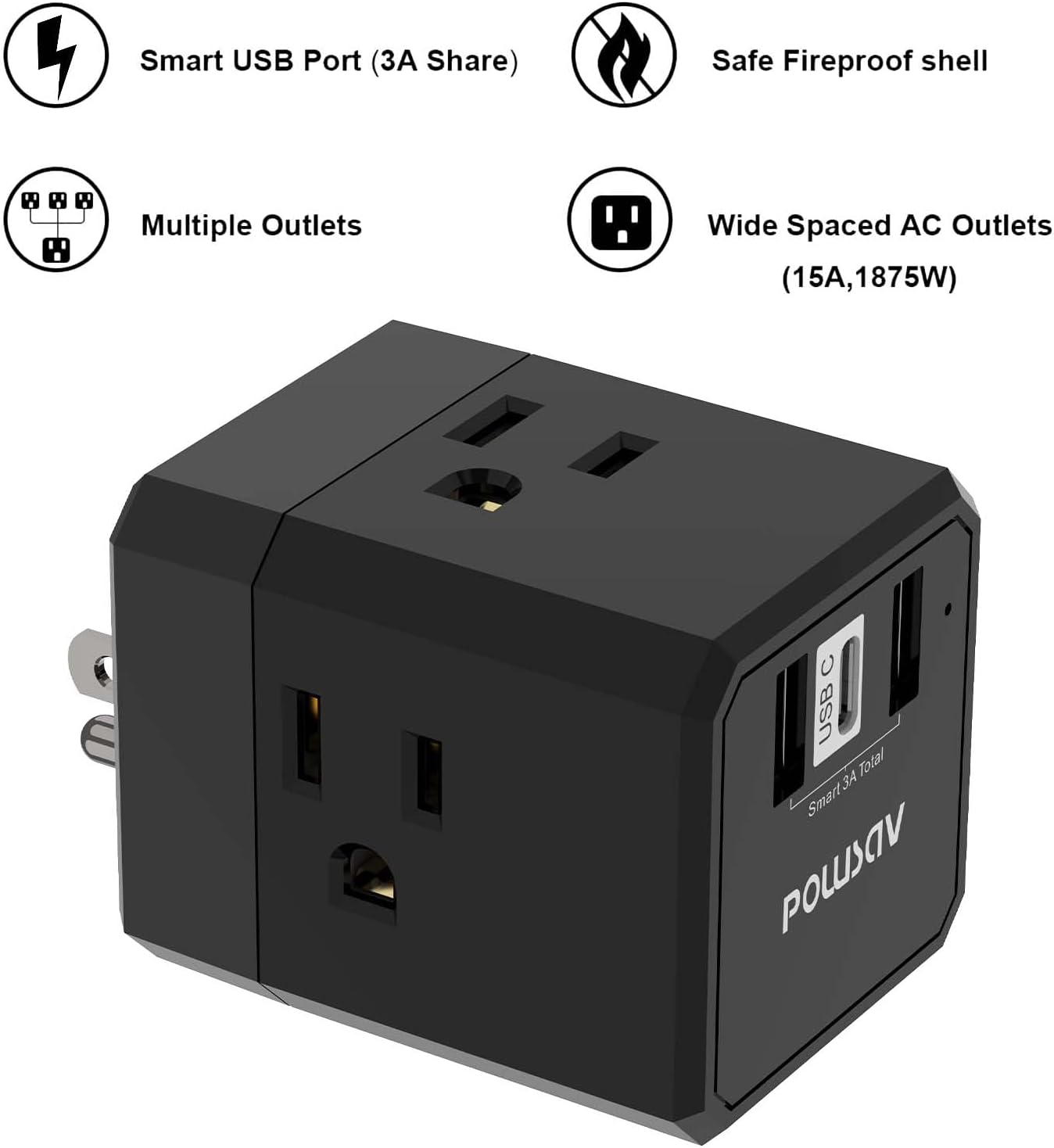 Cruise Ship Essentials, 3-Side Outlet Splitter with 3 USB Ports(1 USB C) USB Wall Charger, Outlet Extender for Home, Office and Cruise, ETL Listed, Black