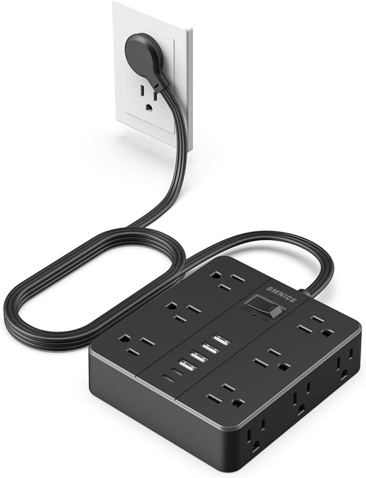 Power Strip Flat Plug with 12 Outlets 6 USB(2 USB C),SMNICE Surge Protector Charging Station with Overload Protection,5ft Extension Cord Widely Spaced Multiple Outlets for Home Office Dorm,Black