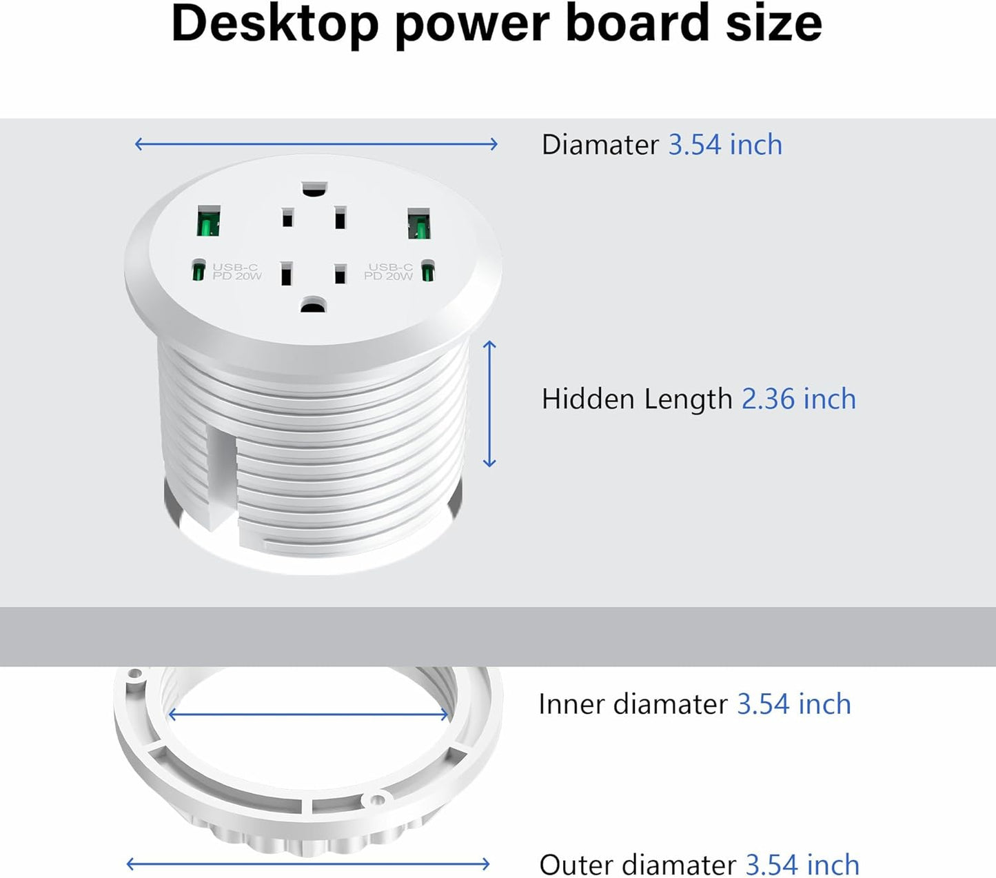 Desktop Power Grommet,40W Fast Charging Station,2 AC Outlets,4 USB Ports,Flush Mount Power Grommet 3-inch Hole,2 PD 20W USB C Ports