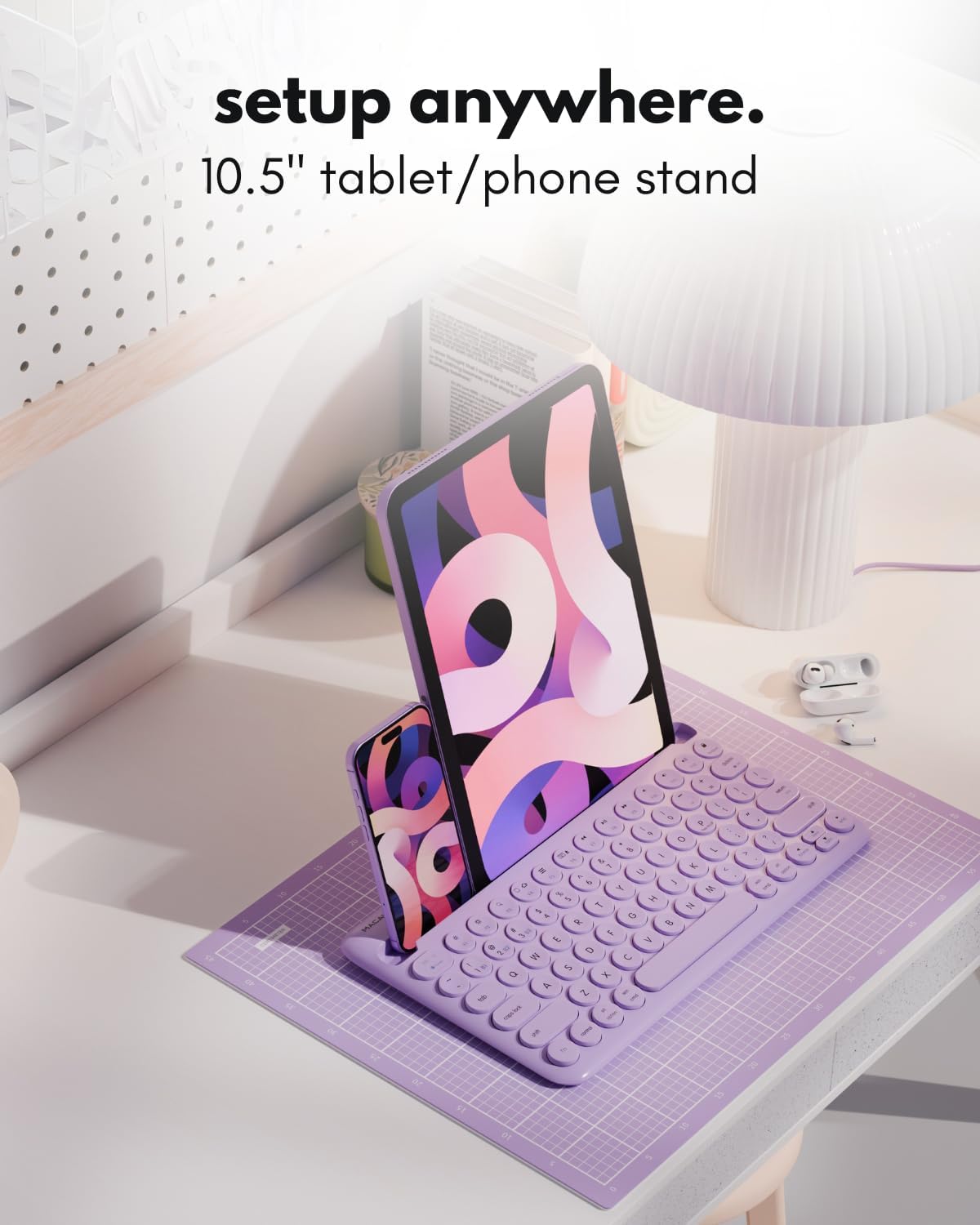 Macally Small Wireless Bluetooth Keyboard for iPad mini/Air/Pro, iPhone, Tablet, and Phone - 78 Key iPad Keyboard with Built-in Stand - Universal Compatible Multi Device - Purple