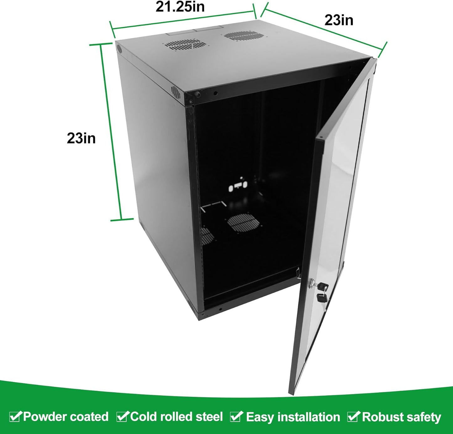 9U Server Cabinet Wall Mount Rack Enclosure with Caster Wheels 2 Server Fans Locking Glass Door Removable Side Panels 19" Network Cabinet 15-18.5" Installation Depth Heavy-Duty Frame(23INCH, 9U)