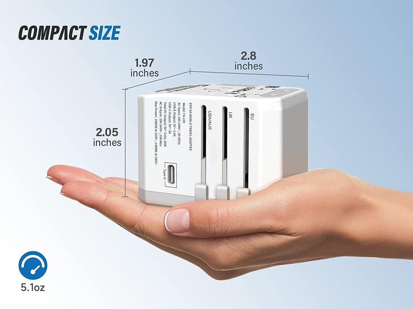 EPICKA Universal Travel Adapter, European Travel Plug Adapter - International Power Adapter Worldwide Charger with USB-C & 4 USB-A Ports, Travel Essentials for Italy, Japan, Europe, UK (TA-105, White)