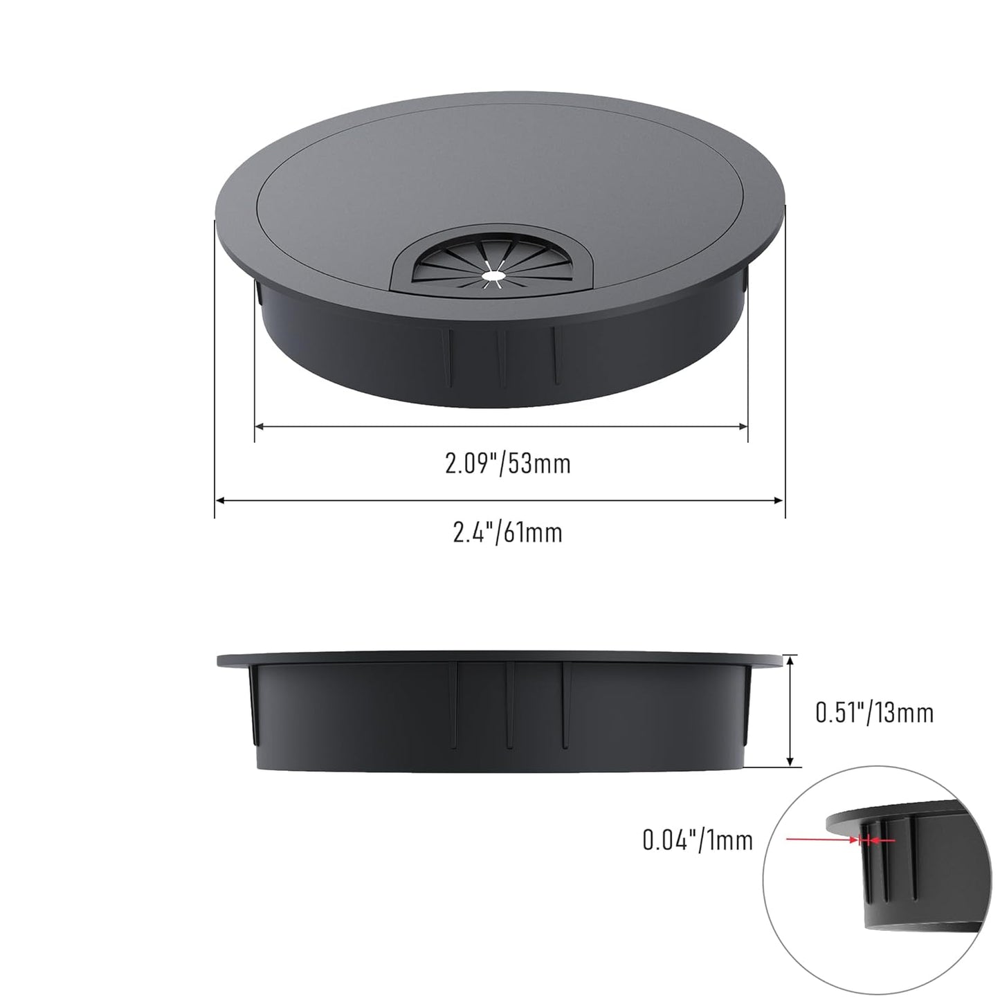 2 Pack Desk Grommet 2-1/8 Inch 53mm, Zinc Alloy Computer Desk Wire Hole Cover, Office Desktop Cord Cable Hole Metal Ring, Black