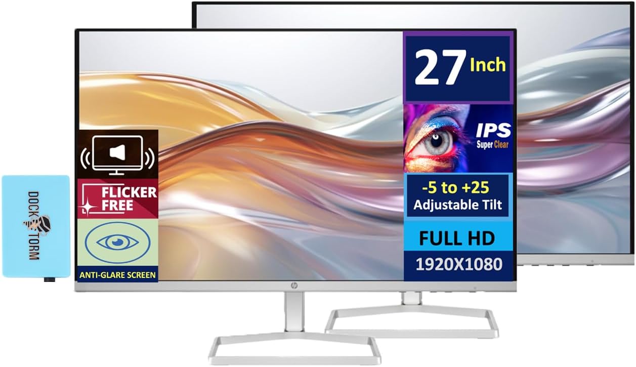 HP Series 5 527sa Monitor with Speakers (Replaces M27fwa) 27" 100Hz IPS FHD 99% sRGB 300 Nits Display, Adjustable Tilt, Flicker-Free, Anti-Glare, White/Silver w/DKZ USB Port Expander (2 Pack)