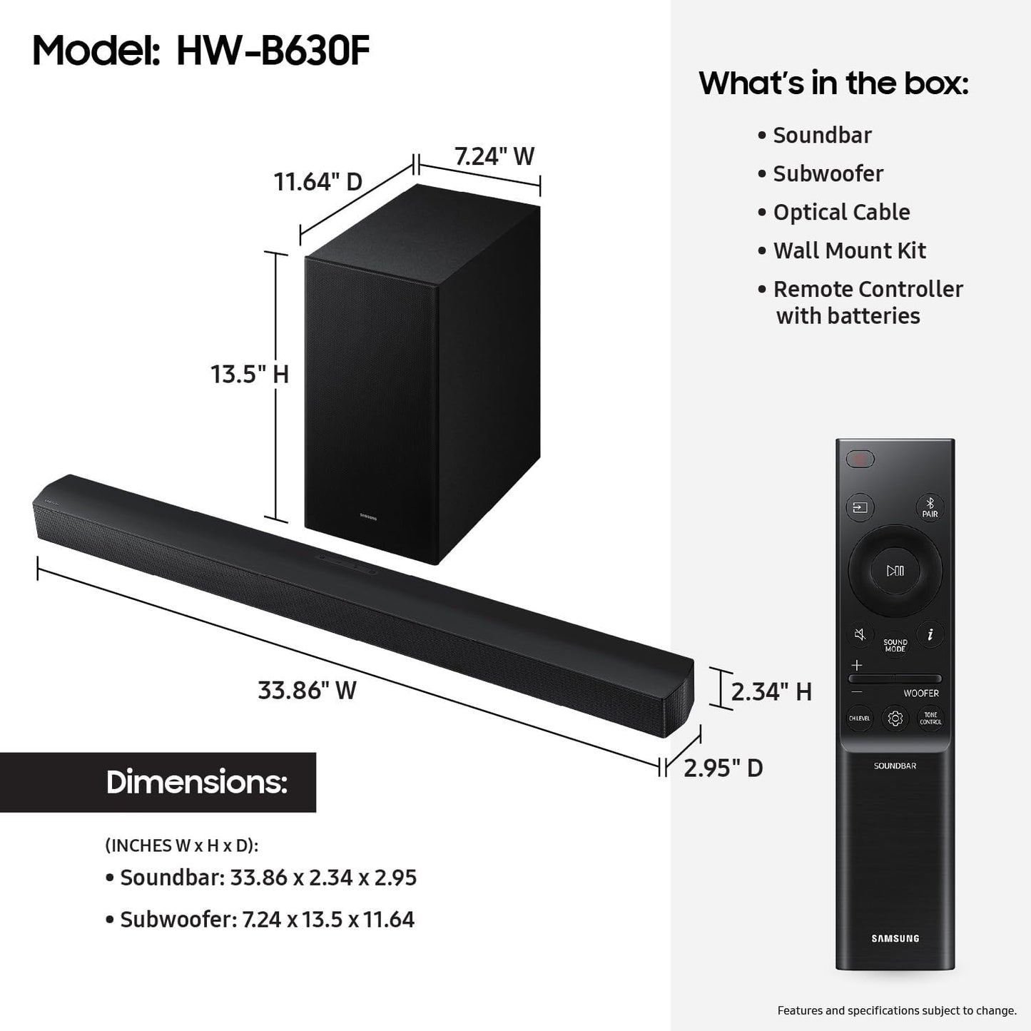 Samsung B-Series Soundbar HW-B630F 3.1 ch DTS Virtual:X Soundbar with Subwoofer (2025 Model) One Remote Control, Voice Enhance Mode, Adaptive Sound