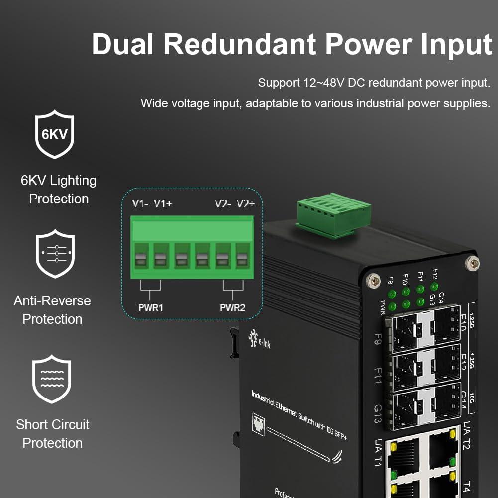 Industrial 8-Port Gigabit Ethernet Plus Switch with 2x10G SFP+ and 4x1.2.5G SFP, 10/100/1000Mbps, DIN Rail Mount Unmanaged Ethernet Fiber Switch