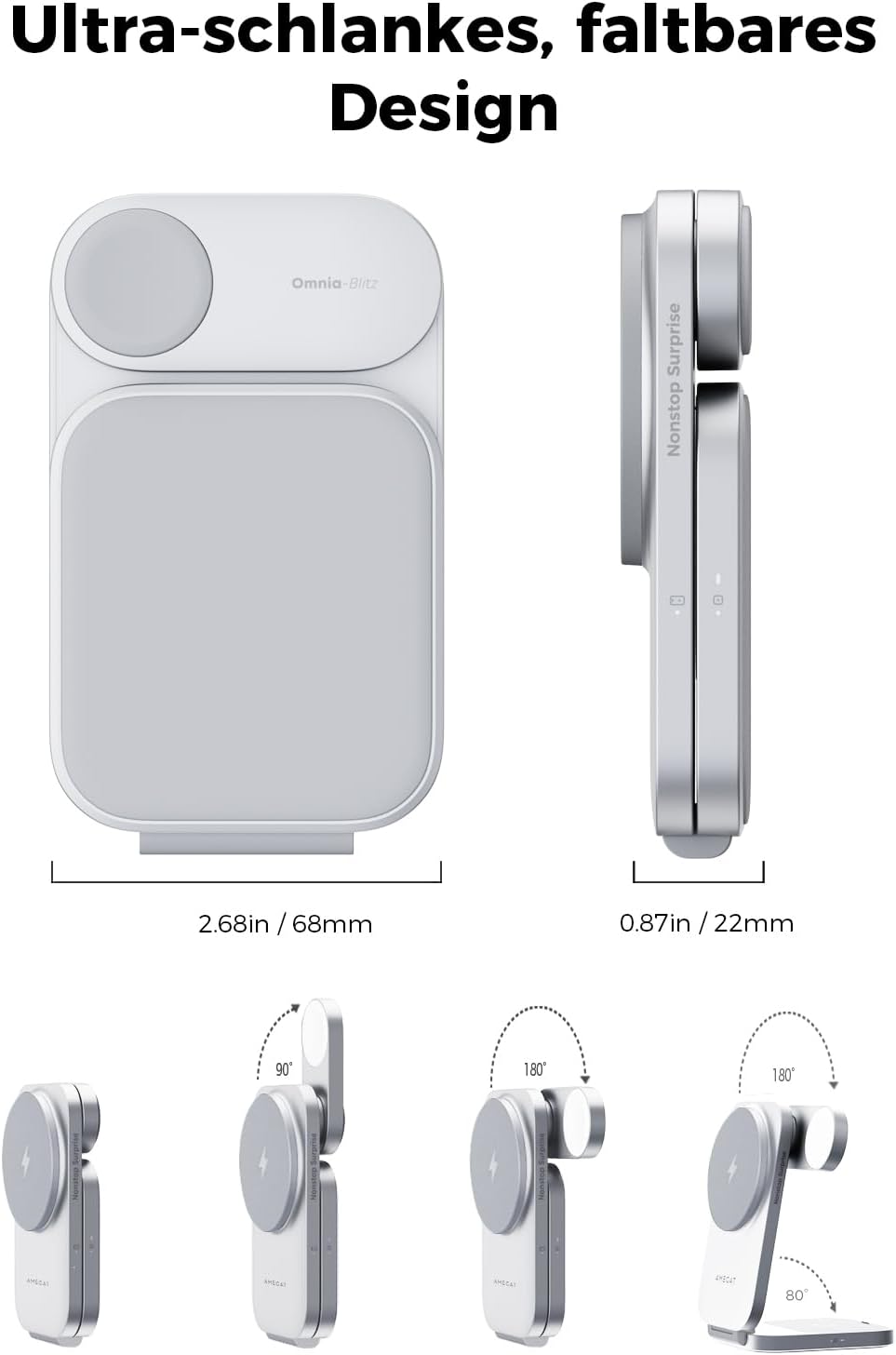 MagFusion Z 3-in-1 Charging Station Compatible with MagSafe, Qi2 Certified 15W Wireless Foldable Charger, for iPhone 16/15/14/13/12, AirPods 4/3/2/Pro, Apple Watch Charger, Silver