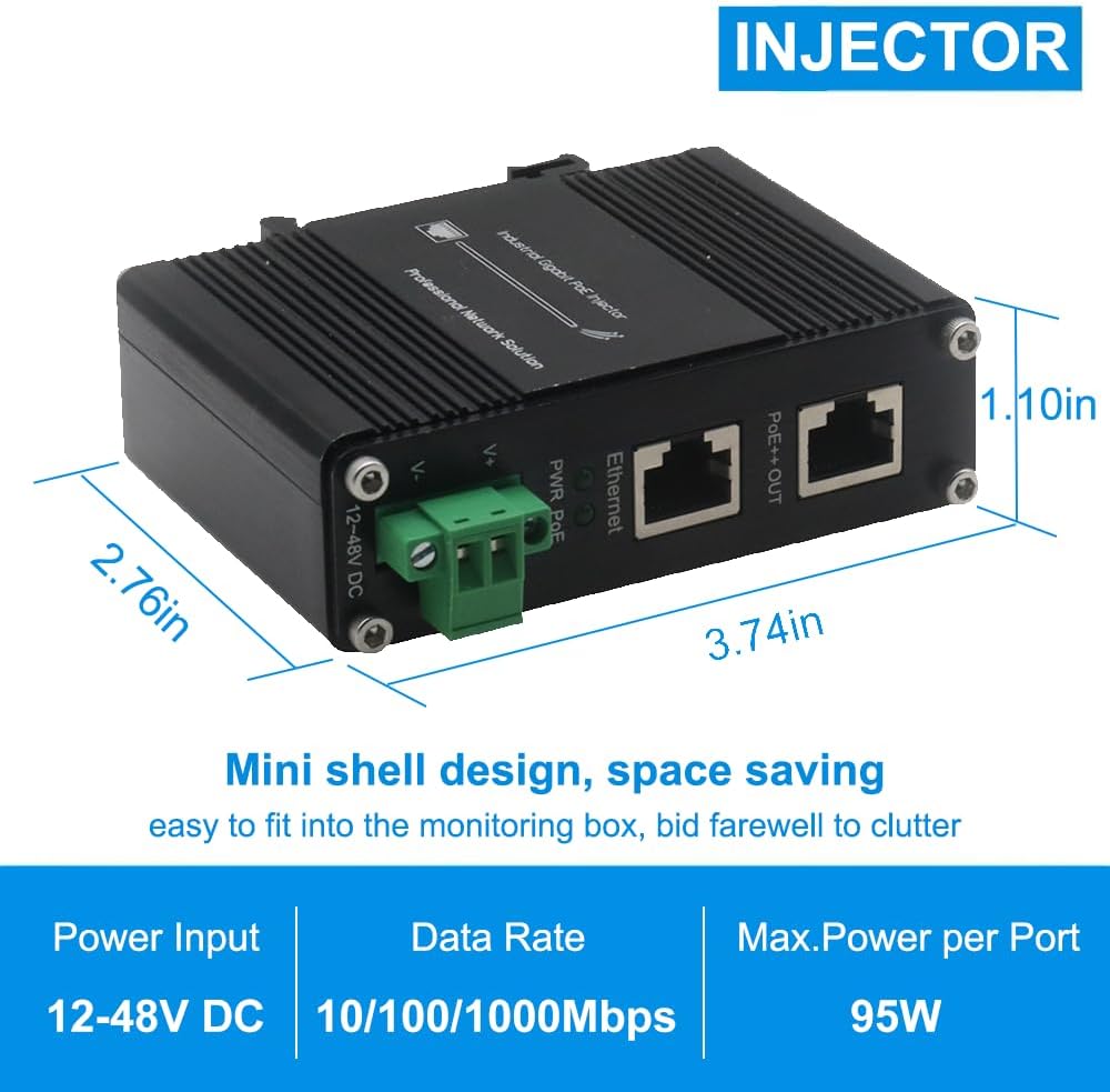 Industrial PoE++ Gigabit Injector 12-48VDC Input - Din Rail/Wall Mount,IEEE 802.3 at,Outdoor Rated Networking Power Supply 95W Ethernet Over Power for Industrial Devices and Camera