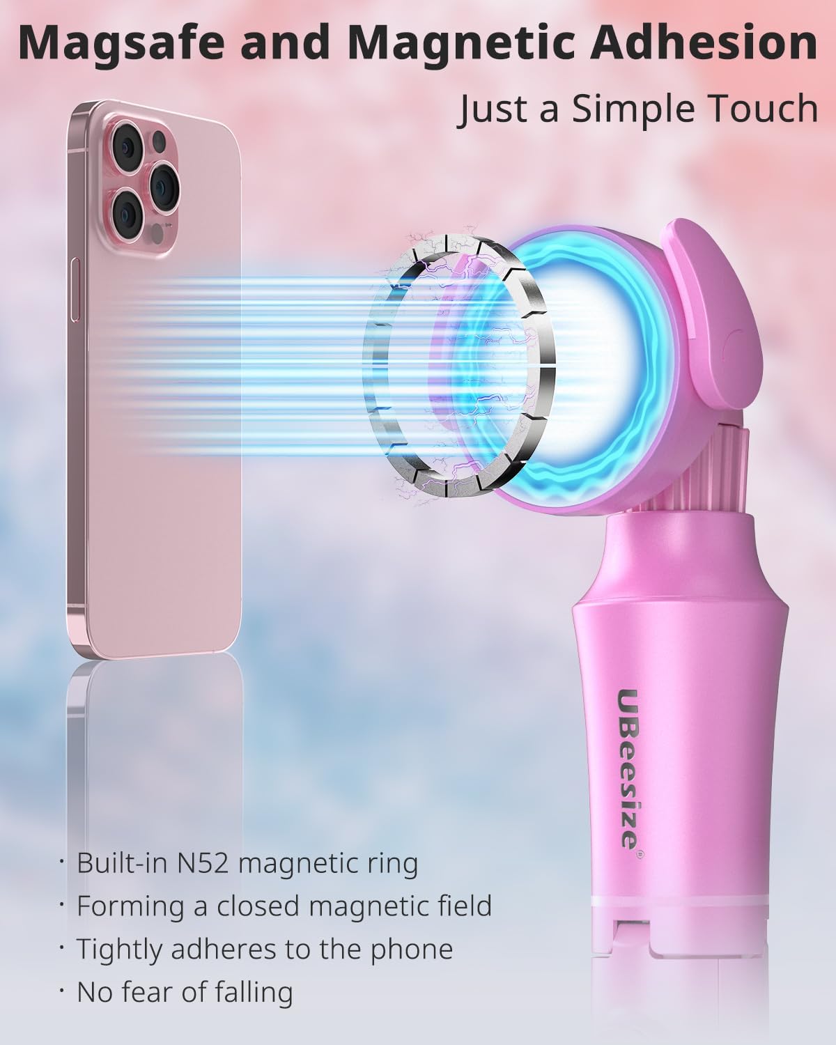 UBeesize 62'' Magnetic Selfie Stick Phone Tripod with Wireless Remote, Extendable Cell Phone Stand, Compatible with MagSafe, Cellphone Stand for iPhone 15 14 13 12 and Android Phones Pink