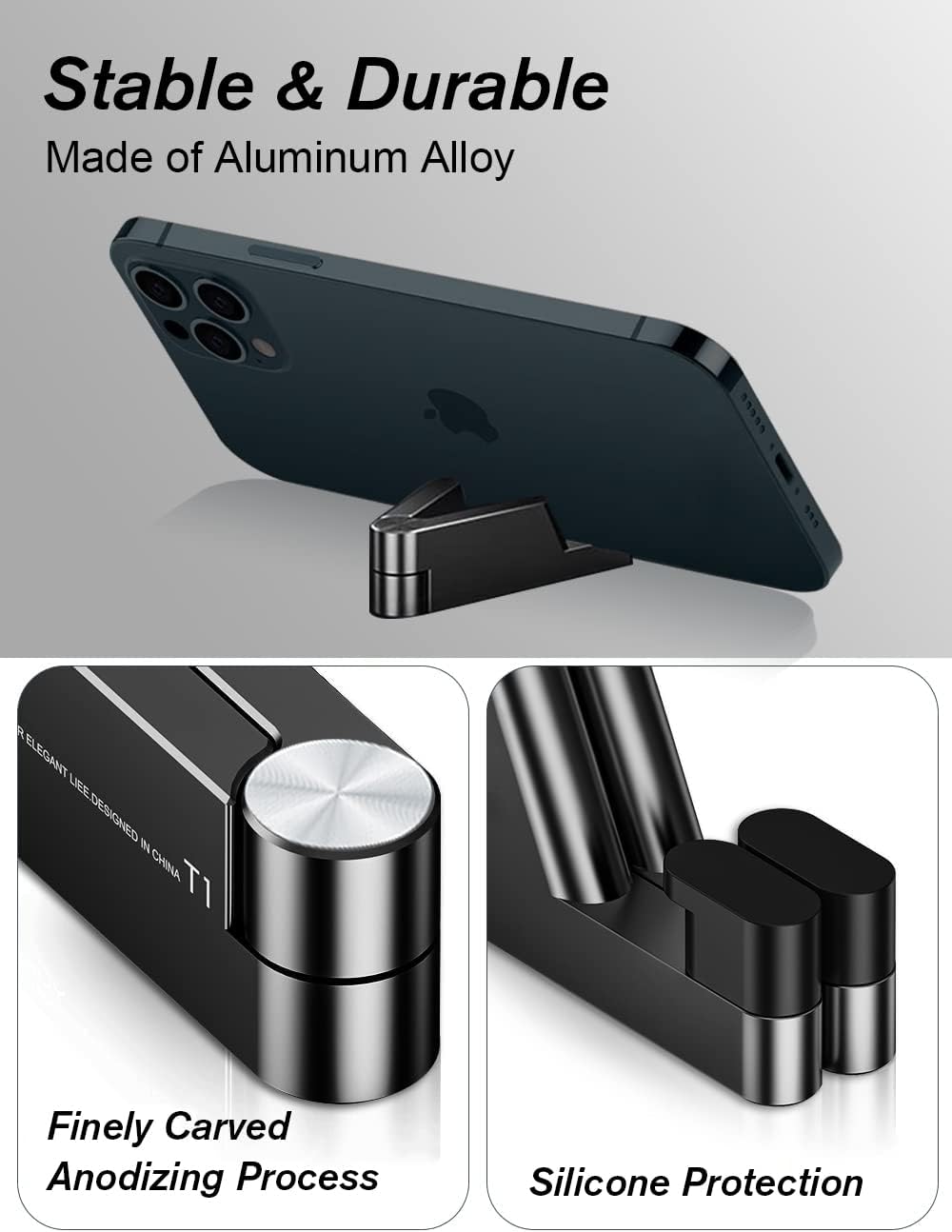 MONEER Cell Phone Stand, Phone Stand for Desk, Foldable & Portable iPhone Stand, Cell Phone Holder Desk Compatible with All Mobile Phone, iPhone, iPad mini, Tablet 4-10.5" (Black)