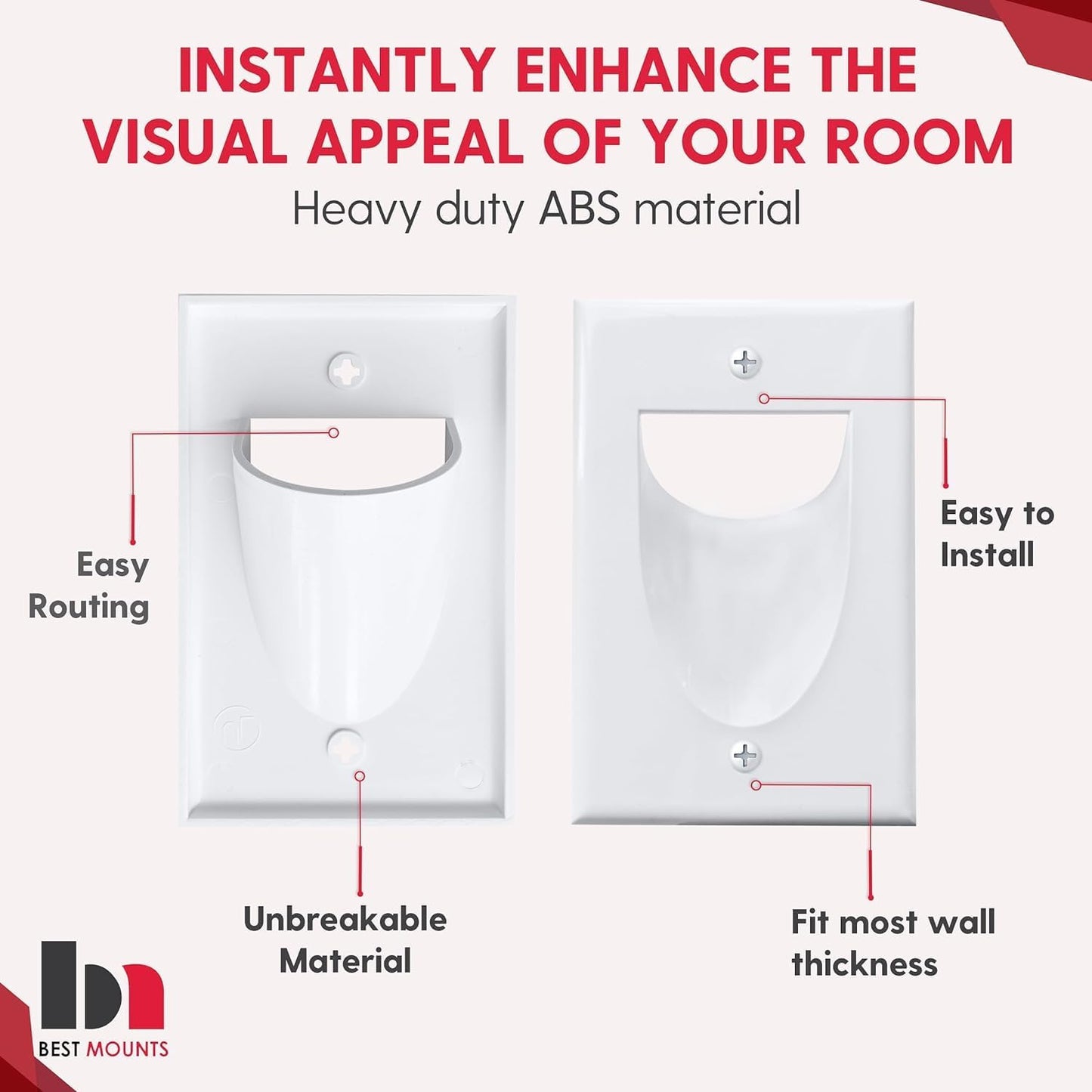 BestMounts - 10 Pack Inner Nose Behind Wall Cable Management TV Cord Hider for Wall Mounted TV - Single Gang Low Voltage Recessed Wall Plates Cable Pass Through for Wires, HDTV, HDMI (White)