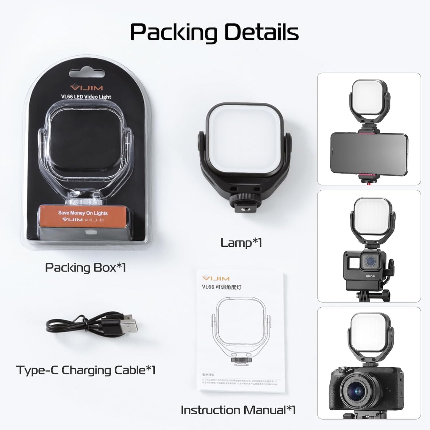 ULANZI VL66 Bi-Color Adjustable Rechargeable 2500-6500K - Mini Video Portable Light on Cam, 2000mAh CRI95+ Dimmable, Ultra Bright Photo & Video Lighting, LED Fill Lamp for DSLR Camcorder Action Camera