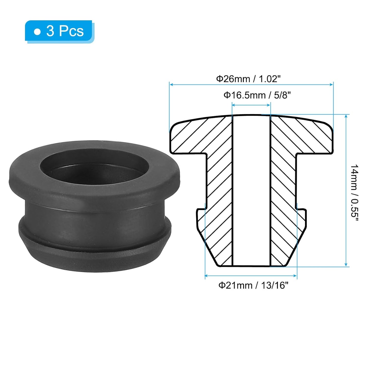 PATIKIL 21mm / 13/16 Inch Drill Hole,5/8 Inch ID Rubber Grommets, 3Pcs Top Hat Grommet for Wiring Eyelet Ring Gasket Automotive Firewall Cable Hole Plugs Wires Protection, Black