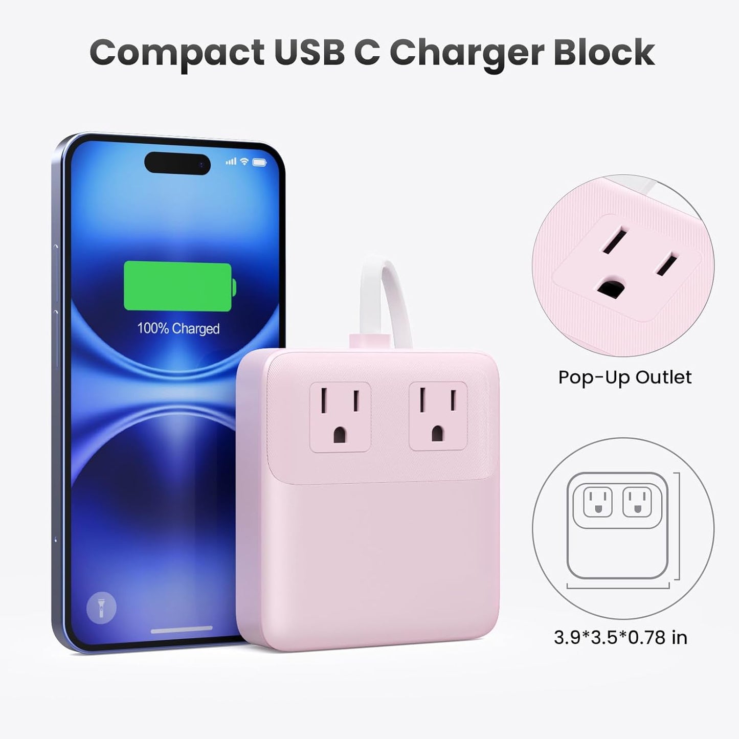 USB C Charger Block,135W GaN IV Fast Charging Station Hub,6-in-1 USB C Power Strip with Flat Plug and 5ft Cord,2 AC,2 USB A,2 USB C,PD 65W Laptop Charger for MacBook Air/Pro,iPhone16/15,Samsung-Pink