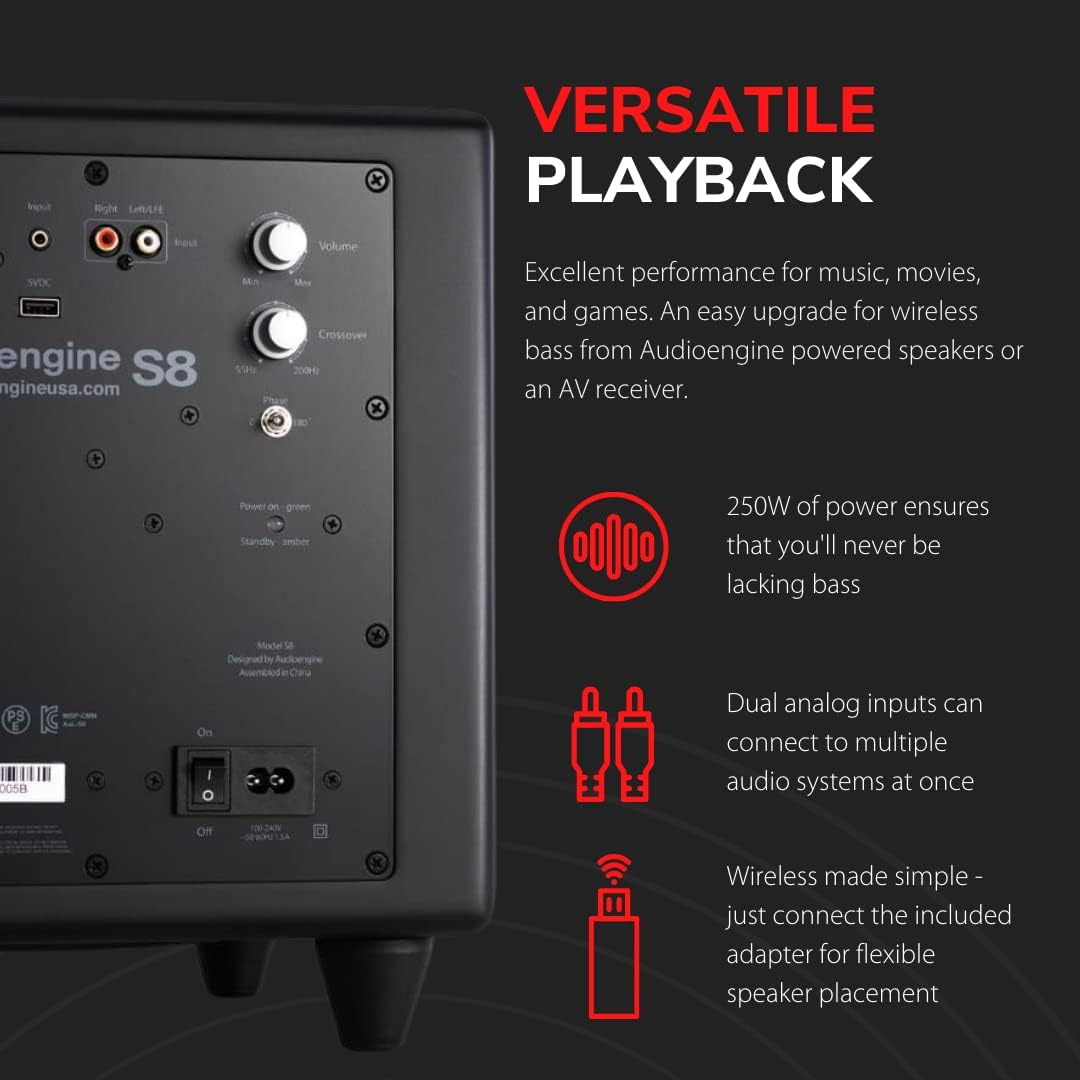 Audioengine S8 250W Wireless Subwoofer Kit with Built-in Amplifier (Wireless Kit, Black)