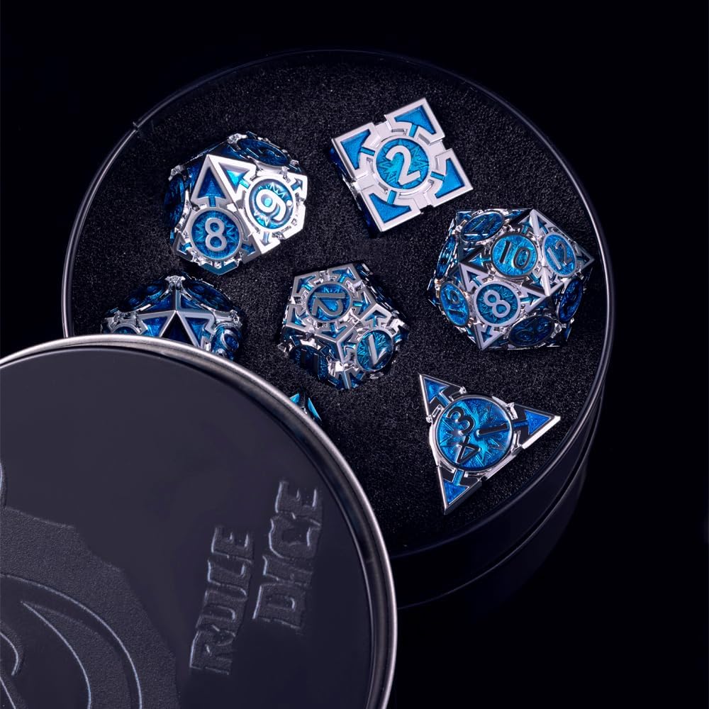 Rare Chrome-Plated DND Dice Set, Metal D&D Dice Sets Made of Durable Zinc Alloy，Dungeons and Dragons Dice with Gift Box, D and D Dice Set (Blue)