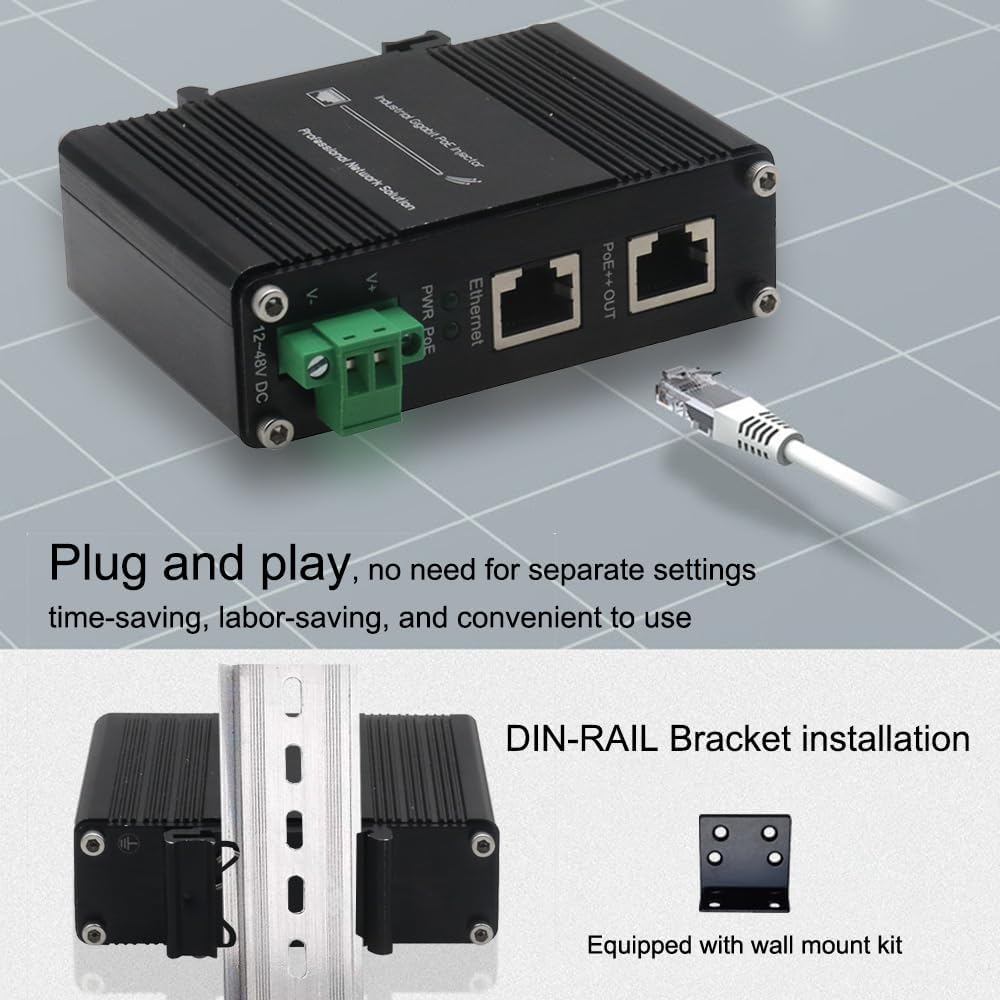 Industrial PoE++ Gigabit Injector 12-48VDC Input - Din Rail/Wall Mount,IEEE 802.3 at,Outdoor Rated Networking Power Supply 95W Ethernet Over Power for Industrial Devices and Camera