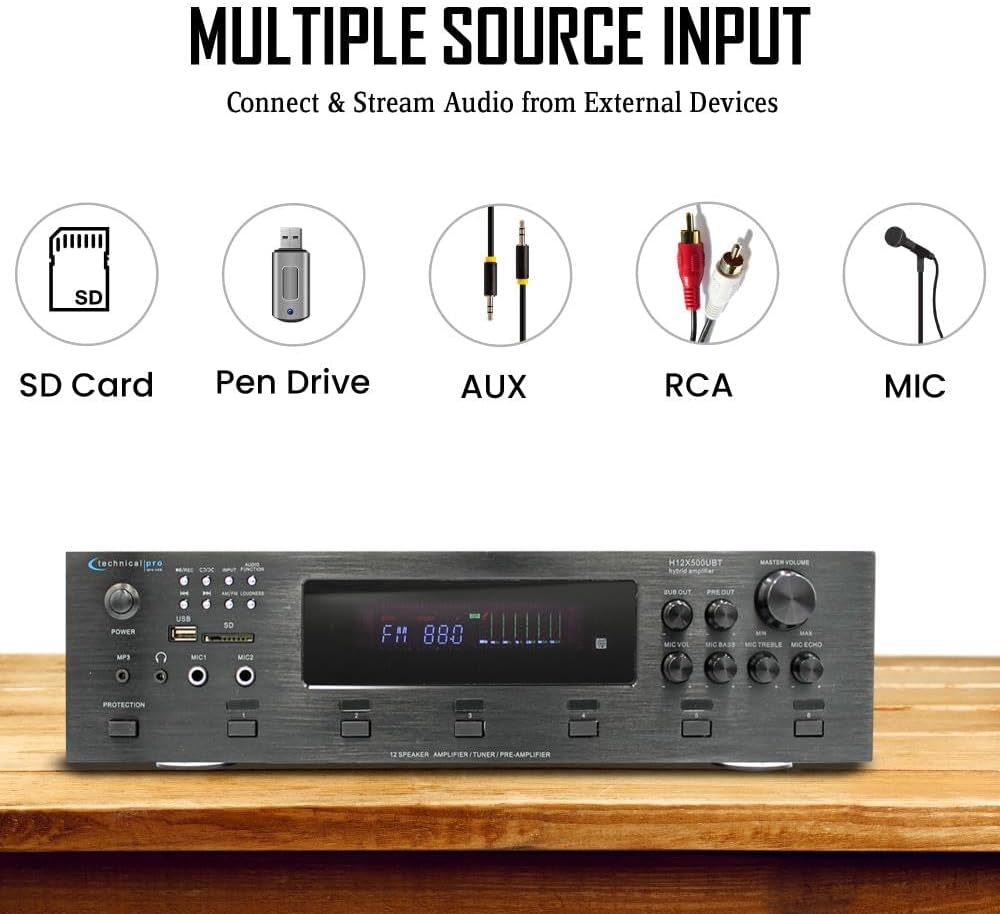 Vaiyer Home Audio System Kit, 6-Channel 6000 Watts Bluetooth Amplifier with 6.5" 10 Qty of 200 W Each Frameless in-Ceiling Speakers & 16 AWG 500 ft Speaker Wire - Perfect for Home, Office, Restaurant