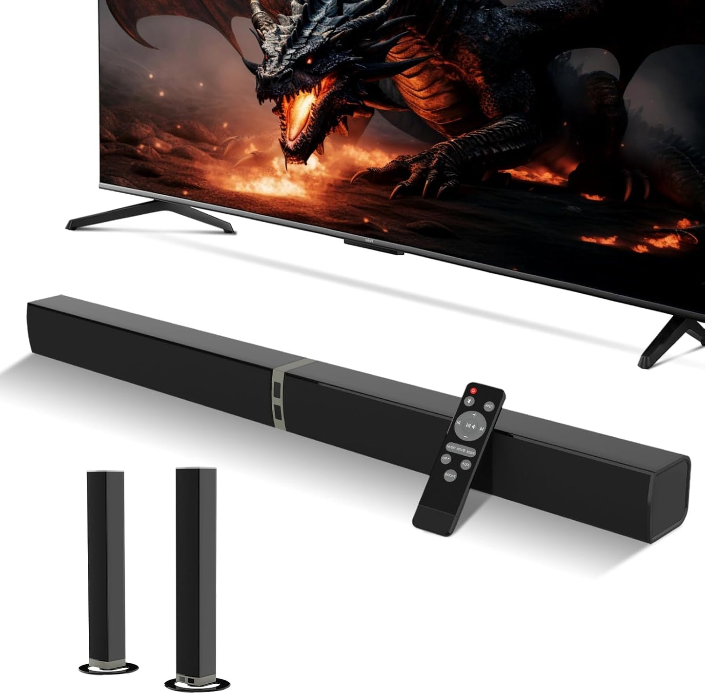 MZEIBO Sound Bar for Smart TV，80W Detachable Bluetooth Soundbar with Powerful Bass, 2-in-1 Home Theater Audio System, ARC/Optical/AUX Connectivity for TV/PC/Laptop/Game Console