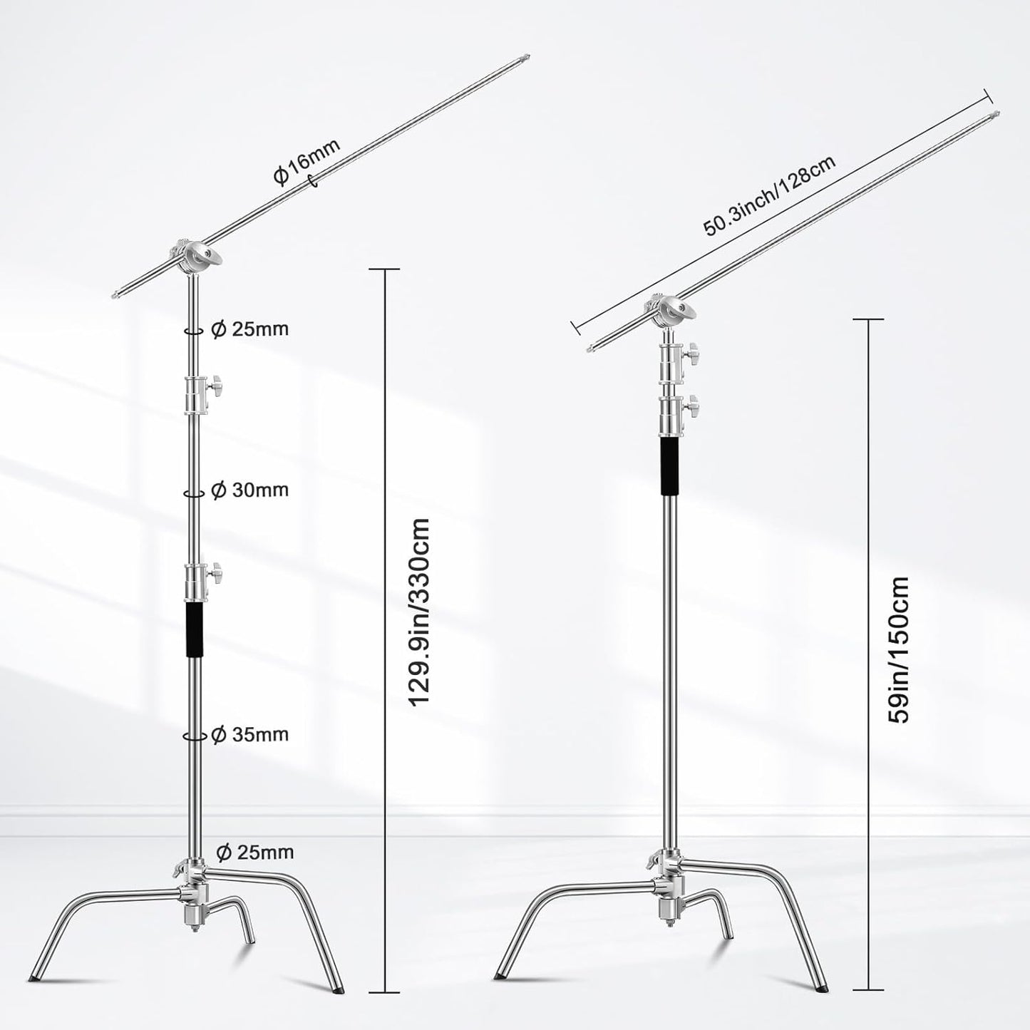 Heavy Duty C Stand 10.8ft/330cm with Holding Arm Carry Bag Sandbag 3*Clip 2*Grip Head Stainless Steel Photography Light Stand C-Stand Sturdy for Photography Studio Video Monolight Softbox Shooting