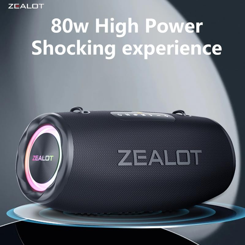 ZEALOT 80W Portable Bluetooth Speaker, Stereo Sound with Deep Bass,IPX6 Waterproof, LED Light,Bluetooth 5.2, Indoor/Outdoor Speaker for Party, Gathering, Pool, Camping,Travel (Black)