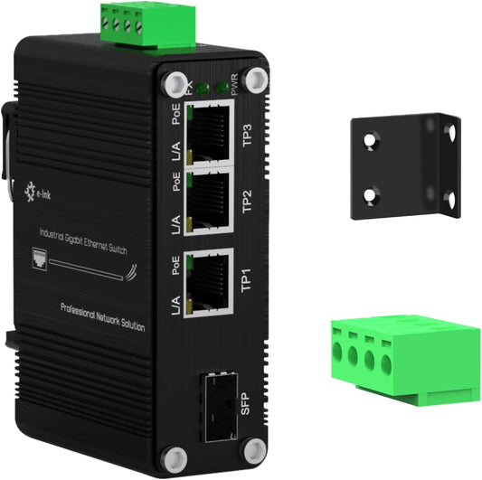 Mini Throncom 4 Ports Gigabit Industrial Fiber Ethernet Solar PoE Switch Hardened with 100/1000M Adaptive SFP Din Rail/Wall Mount VoIP/RV Truck Boost Voltage 9-58V to 48V Max 90W LNK-IMC103GP-SFP