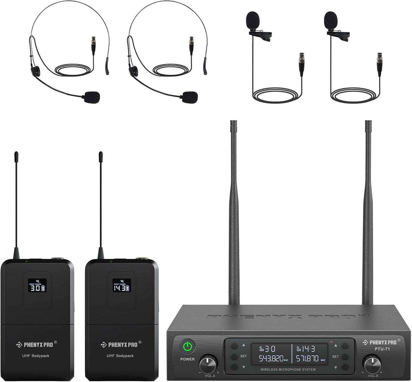 Phenyx Pro Dual UHF Wireless Microphone System，Auto-Scan Cordless Mic Set w/ 2x100 Frequencies, 2 Bodypacks & Headsets/Lapel Microphones for Speaking, Singing, Church, DJ (PTU-71-2B)