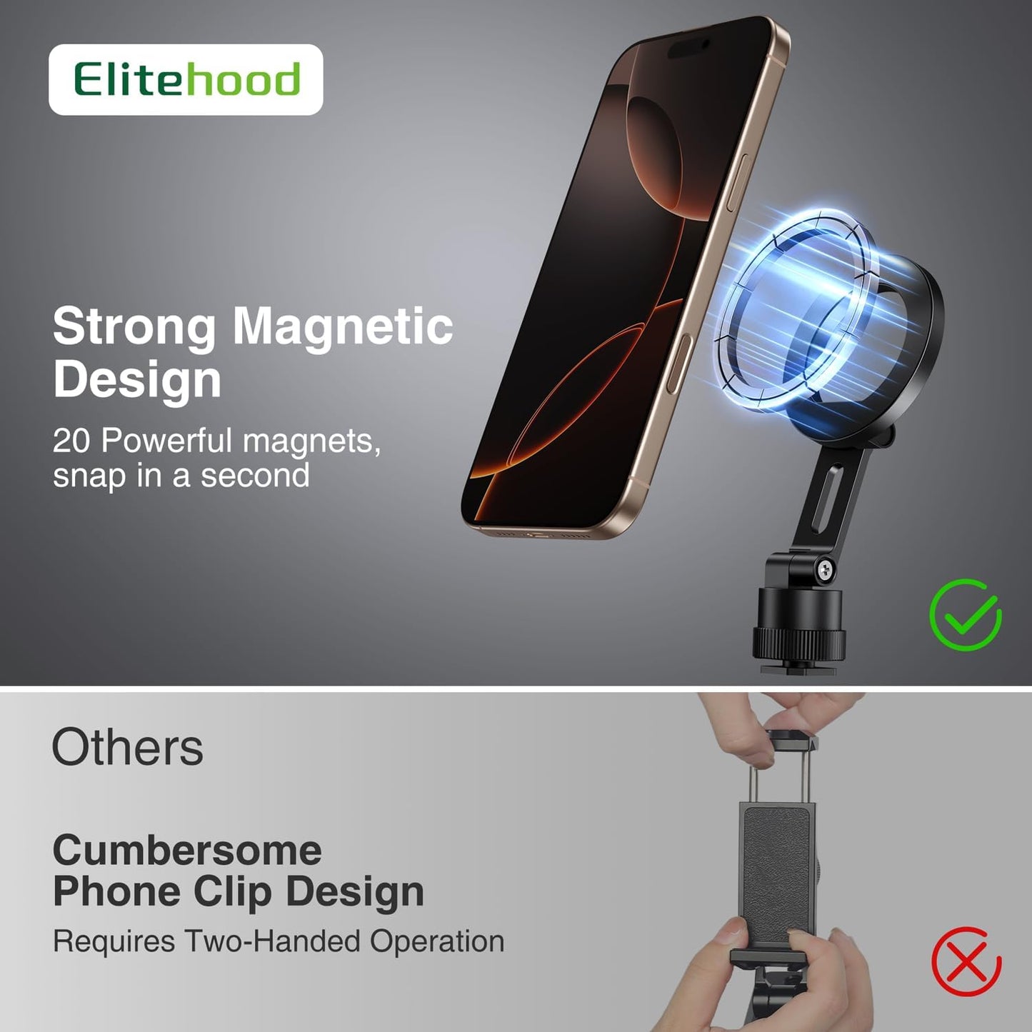 elitehood Magnetic Magsafe Tripod Phone Mount Holder, Foldable Phone Holder for Tripod Attachment with 1/4” Screw & Cold Shoe, All Aluminum iPhone Mount Adapter for Recording Shooting Vlogging