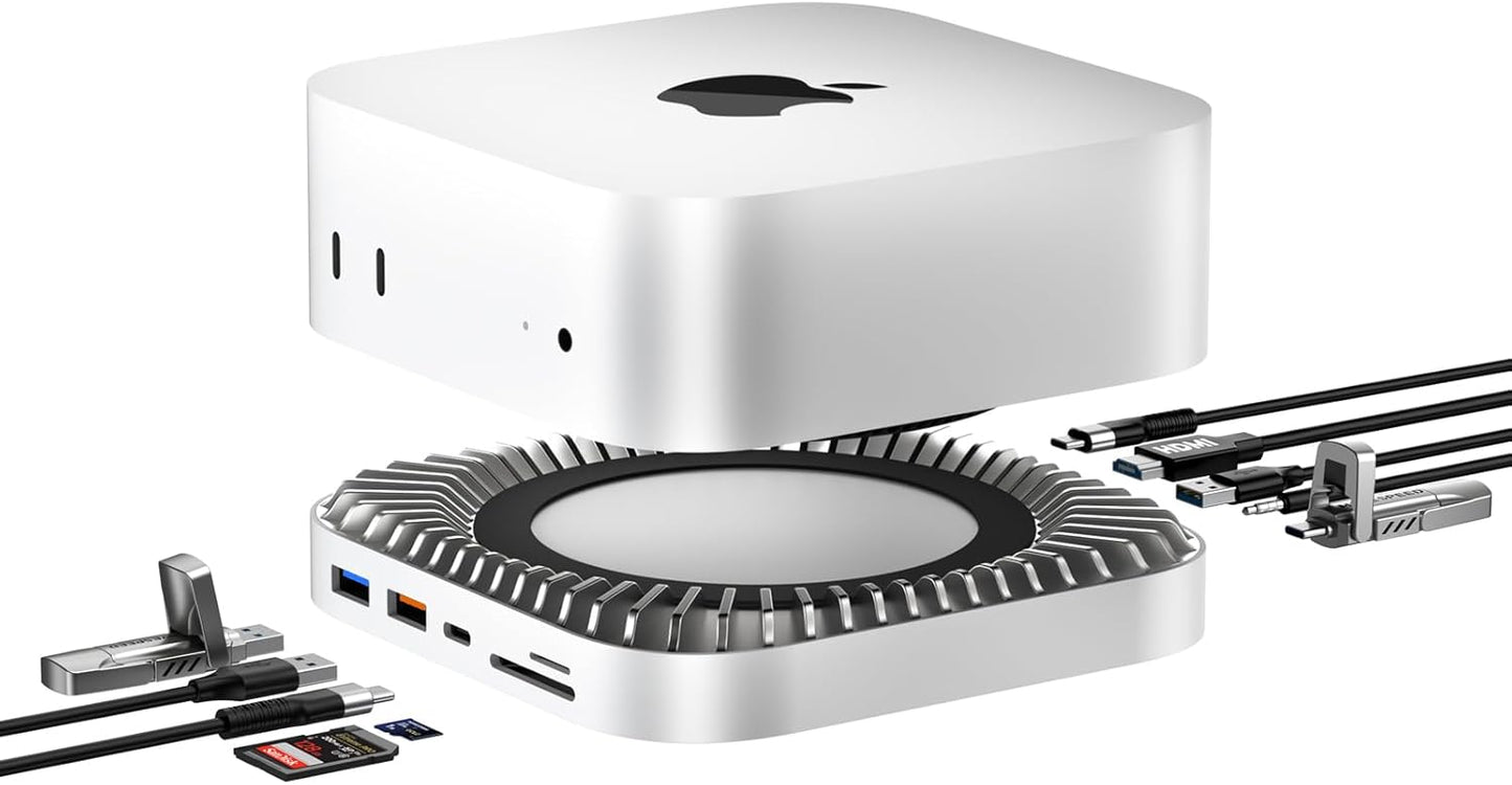 Mac mini M4 Dock, Aluminum Mac mini Stand and HDMI Hub for Mac mini M4 and M4 Pro 2024 with M.2 NVMe/SATA SSD Enclosure, 4K60Hz HDMI,10G USB A/C, 5G USB A*2, USB-C Charge, SD/TF, Audio