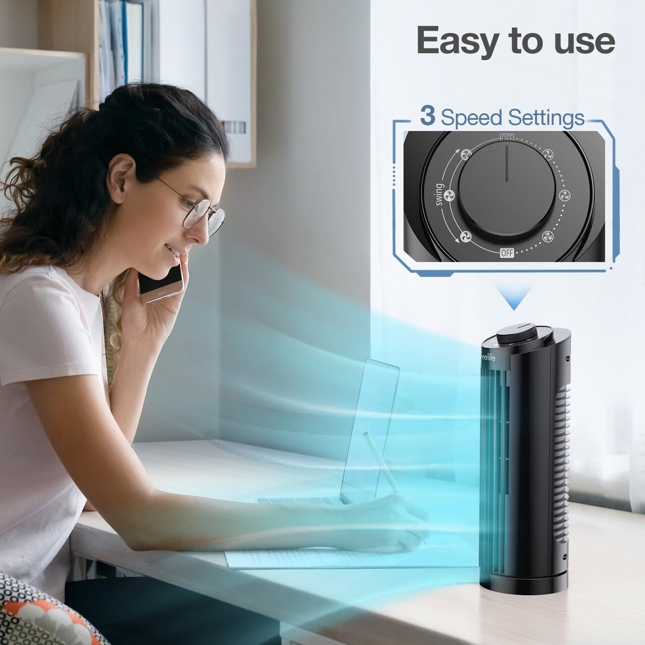 Grelife Tower Fan with Remote Control, Fast Cooling Desktop Fan, 90° Oscillation, 3 Speeds, 3 Wind Modes, Touch Screen, Auto Timer, Ideal for Home, Office Bedroom