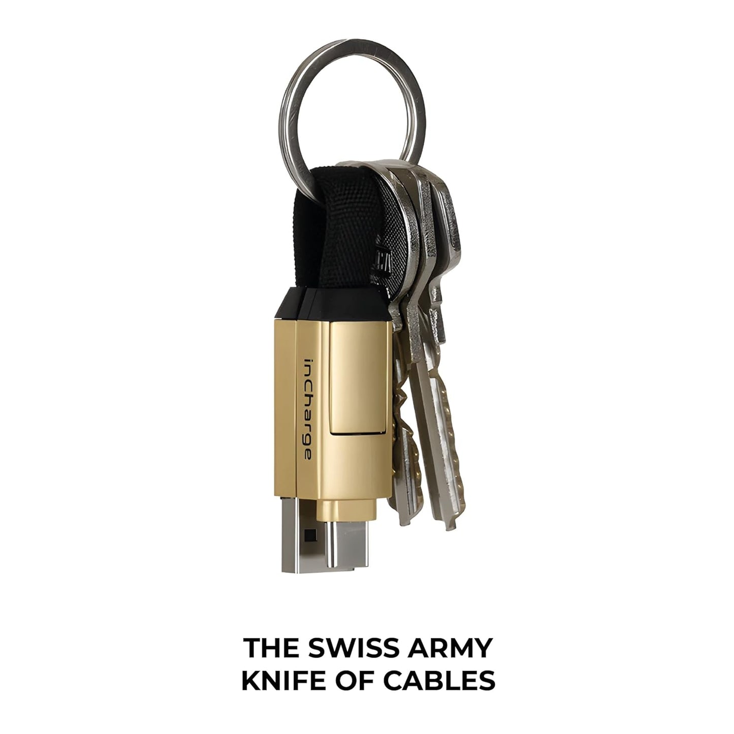 Rolling Square inCharge 6 - Keychain USB C Charger Cable, Lightning Cable and Micro-USB for Smartphone, Universal Cable Charger 6 in 1, USB Plug, 15W, Gold