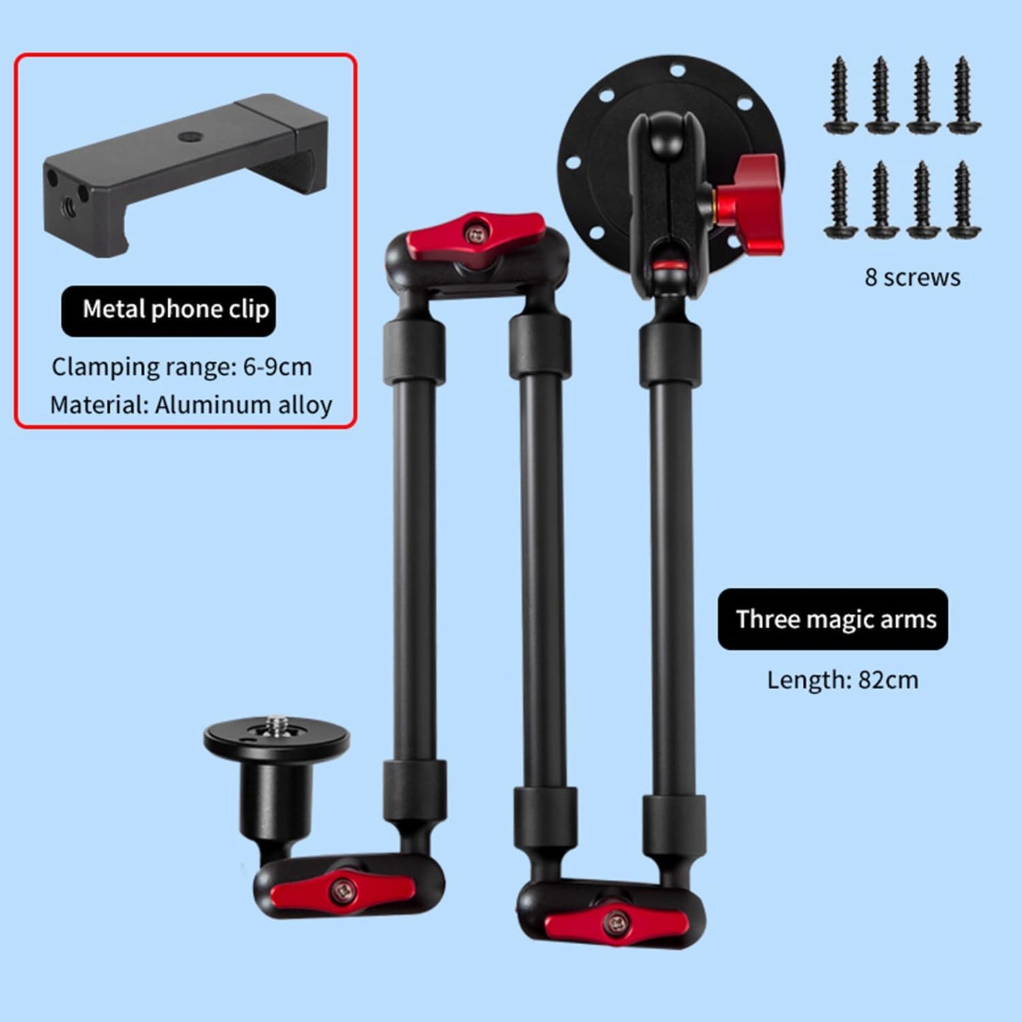Super Upgraded Magic Arm with LED, 82cm Length, Phone Wall Mount Holder Bracket, Desk Mount, Phone Clip and Camera Clamp（Metal Base +82cm arms+Metal Clip