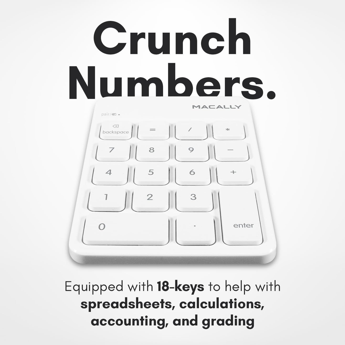 Macally Bluetooth Number Pad for Laptop, Apple, Mac, iMac, MacBook Pro/Air, Ipad, Windows PC, Tablet, or Desktop Computer - Rechargeable 18 Key Wireless Numeric Keypad - White Bluetooth 10 Key Numpad