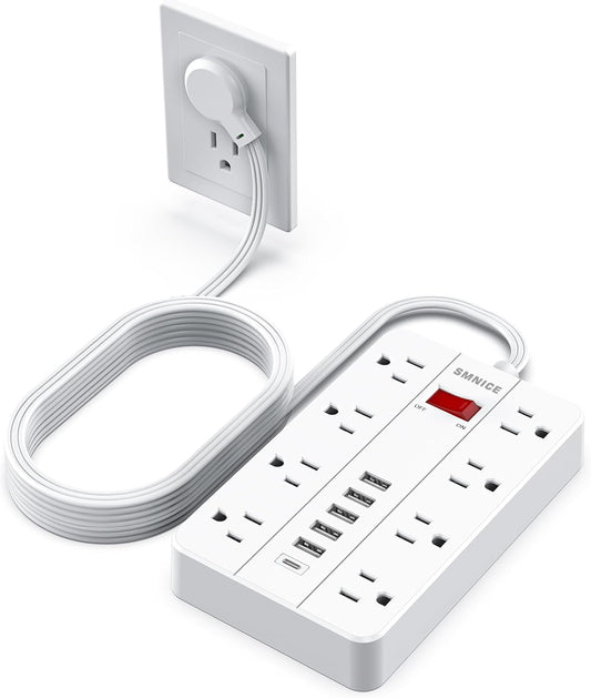 Power Strip Surge Protector, SMNICE Flat Plug Long Extension Cord 10 Ft with 8 Widely Spaced Outlets 6USB(1 USB C) Charging Station, Wall Mount for Dorm Home, Office Accessories,White