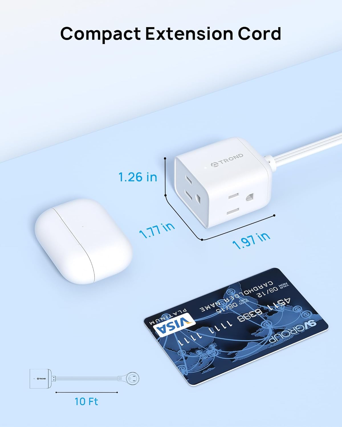 TROND Flat Extension Cord 10ft with 360° Rotating Plug, Low Profile Small Power Strip, 3 Prong Grounded Outlets Cube, 13A, SPT 16/3 AWG Cable, for Indoor Home Office Kitchen Cruise Essentials, White